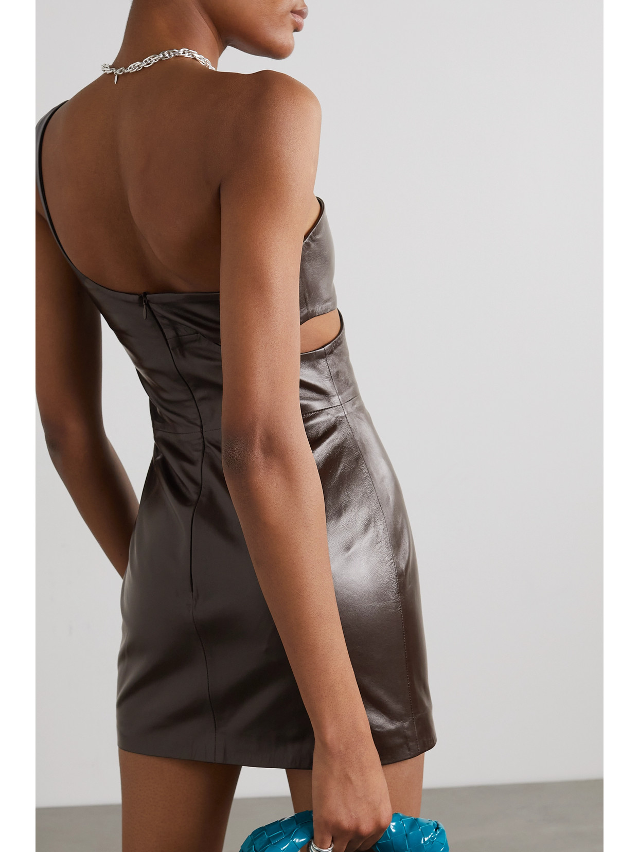 Zeynep Arcay One-shoulder Cutout Leather Mini Dress In Brown