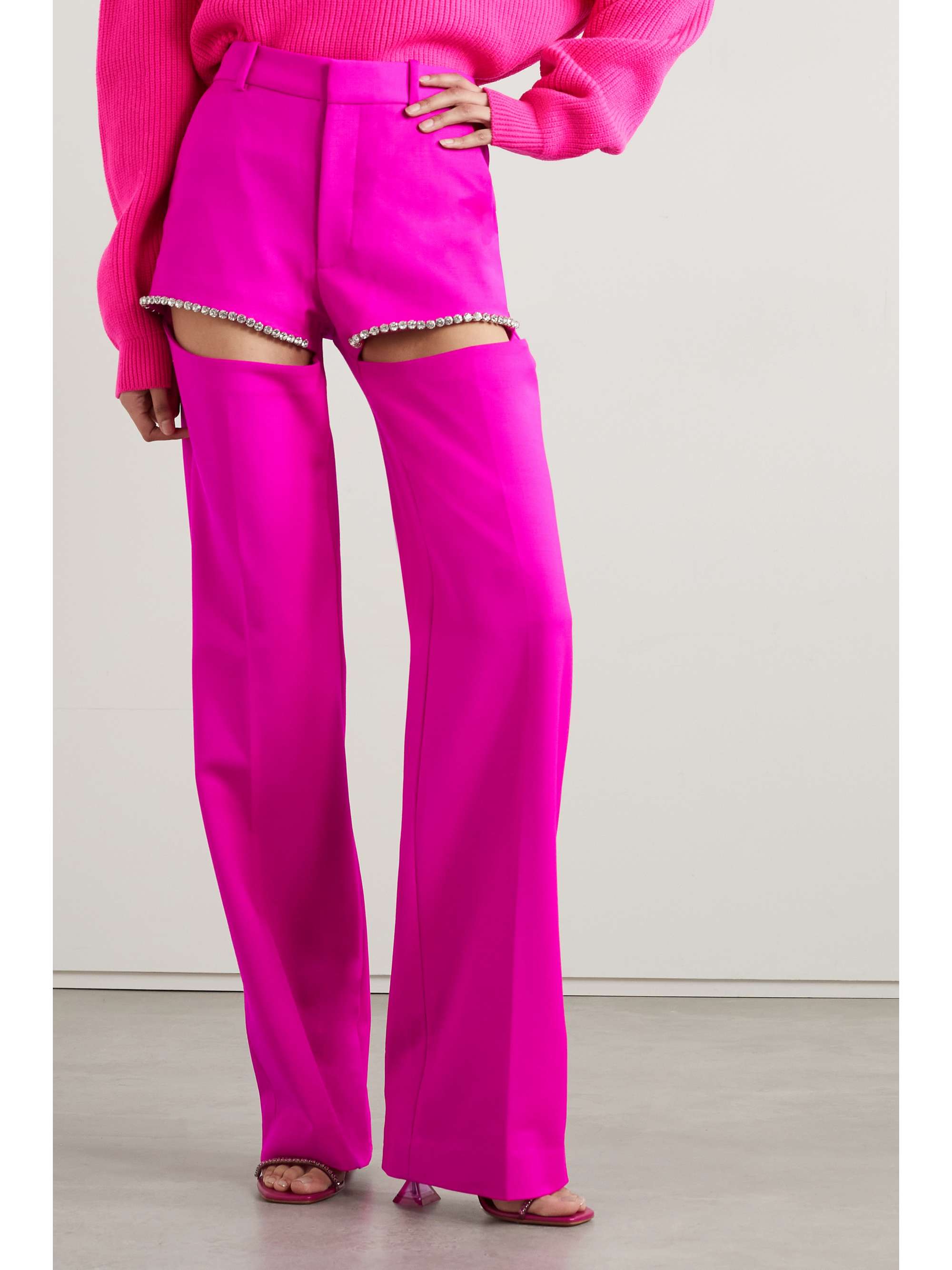 Fuchsia Crystalembellished neon stretchwool straightleg pants AREA