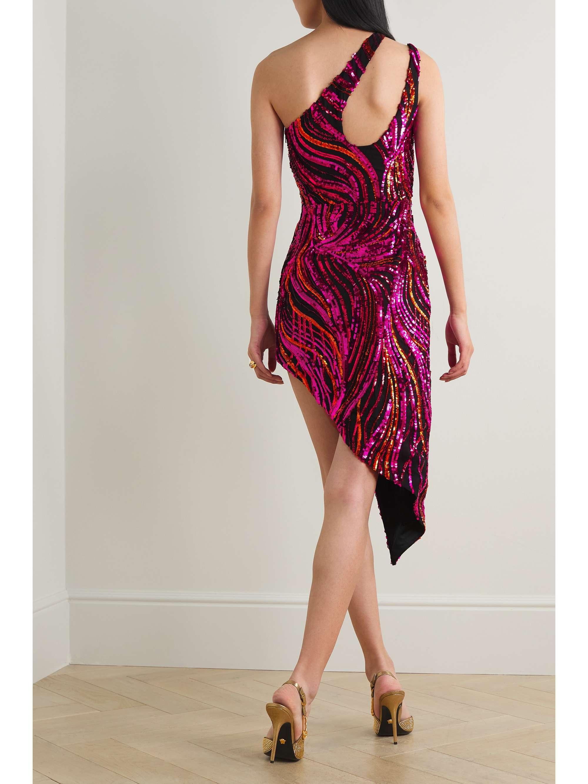 HALPERN One-shoulder cutout sequined tulle mini dress