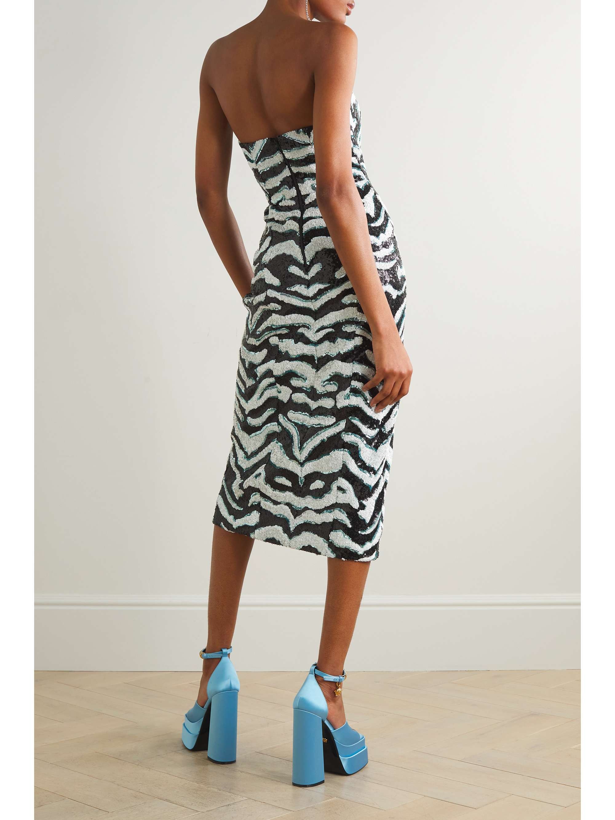 HALPERN Strapless sequined zebra-print tulle midi dress