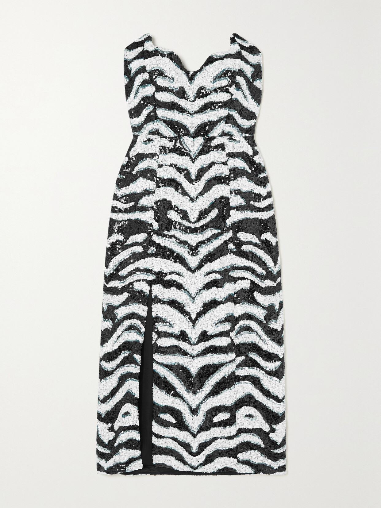 HALPERN STRAPLESS SEQUINED ZEBRA-PRINT TULLE MIDI DRESS