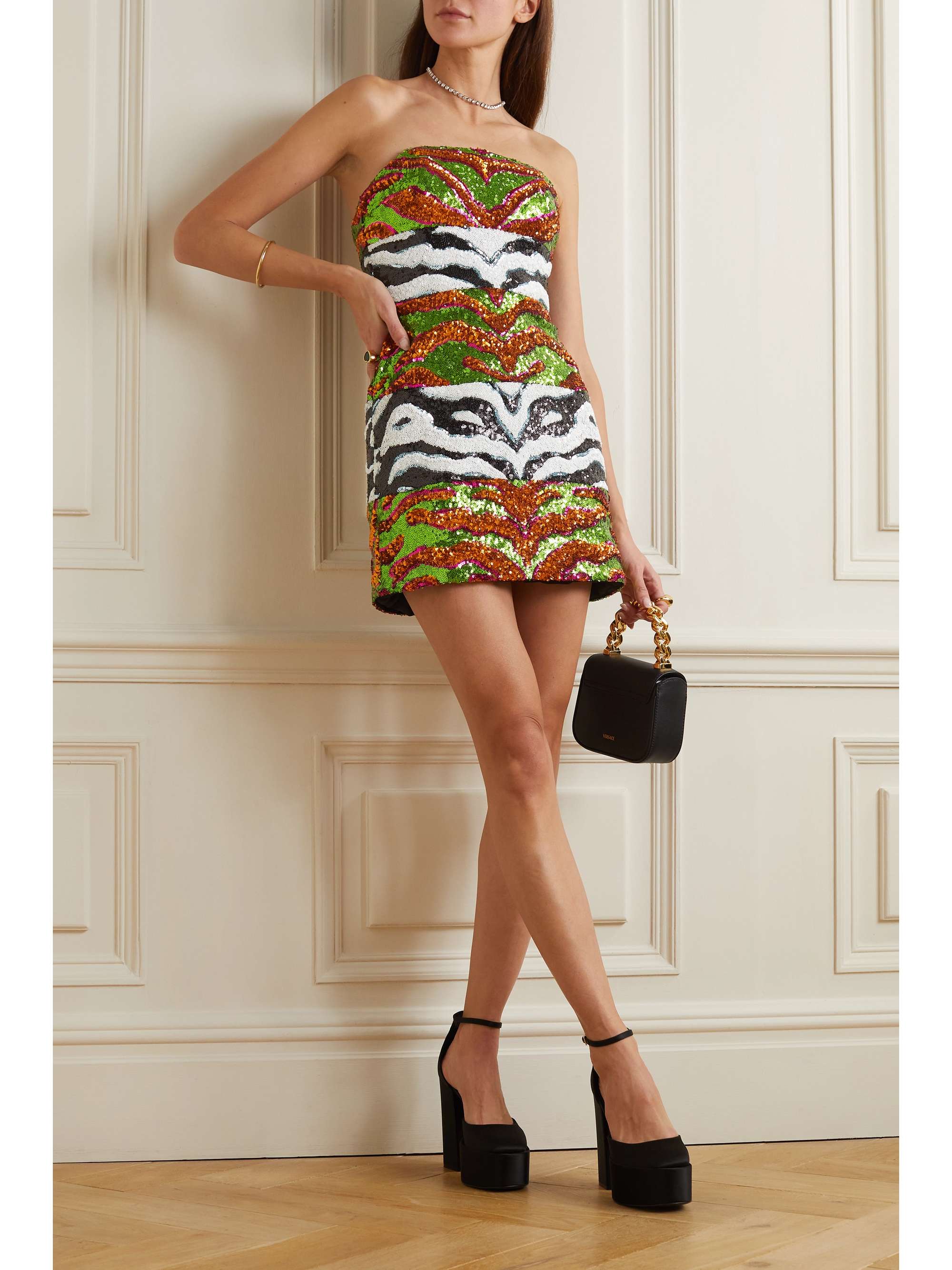 HALPERN Strapless sequined tulle mini dress