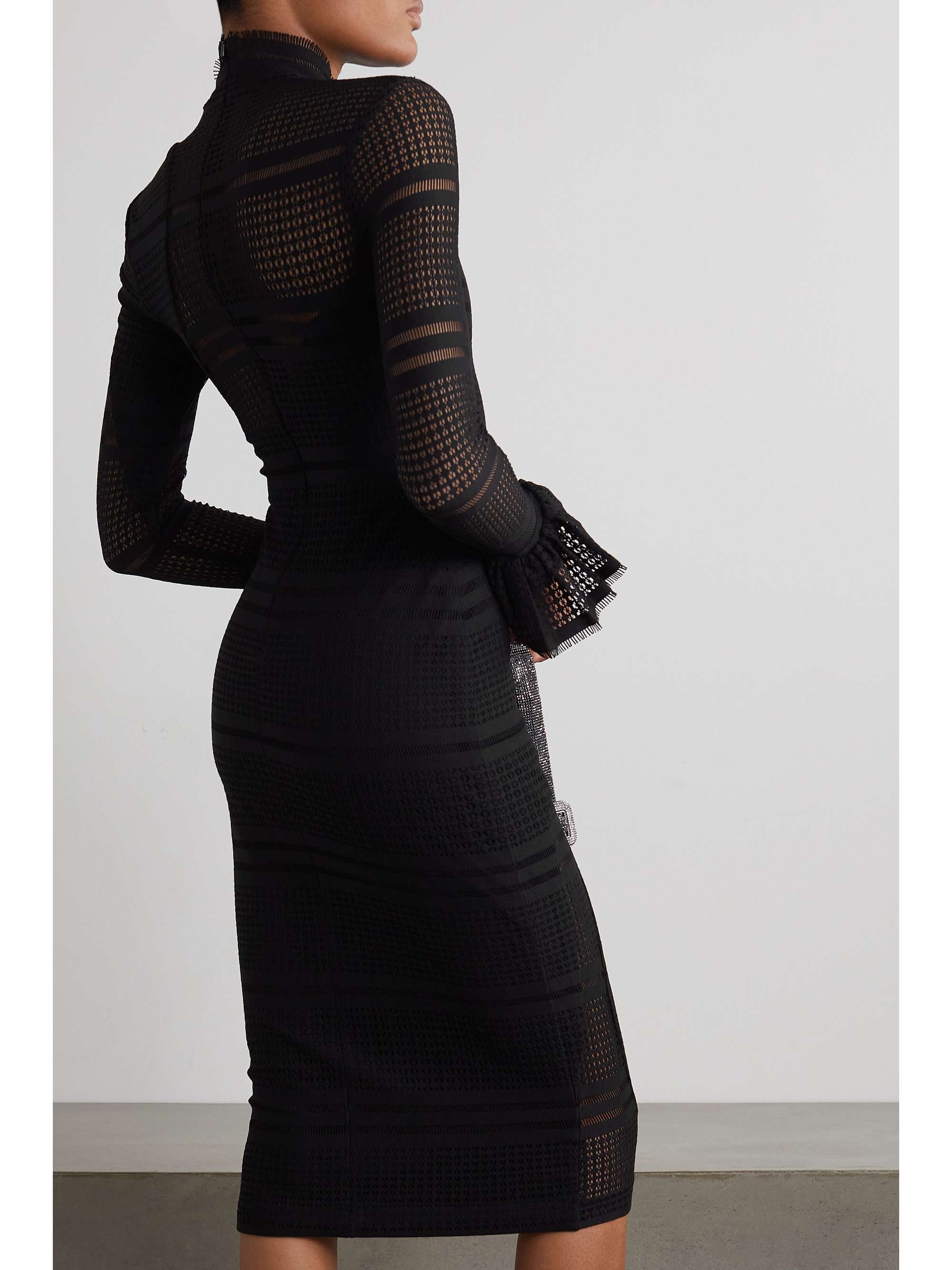 HALPERN Ruffled paneled open-knit midi dress
