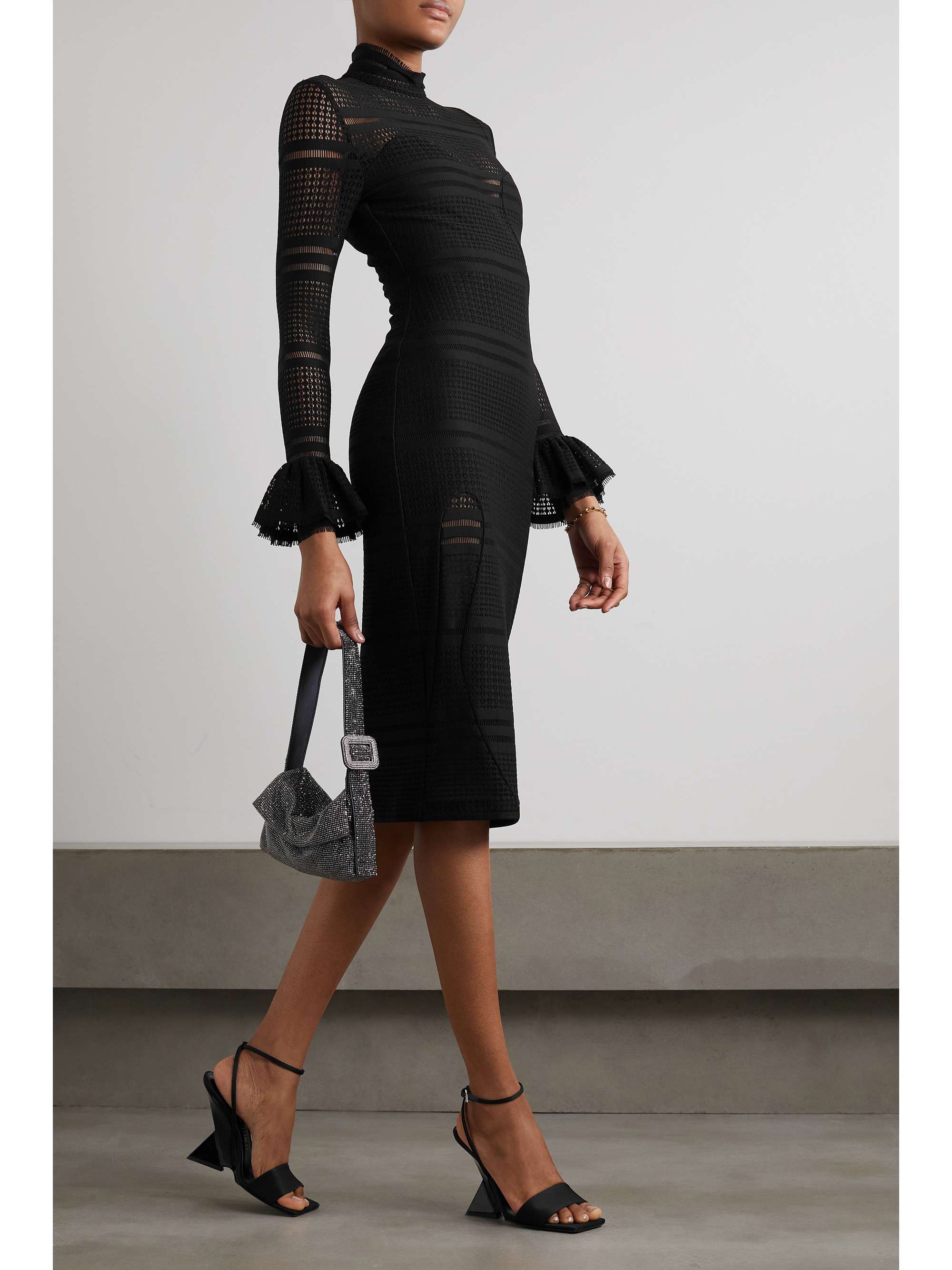 HALPERN Ruffled paneled open-knit midi dress