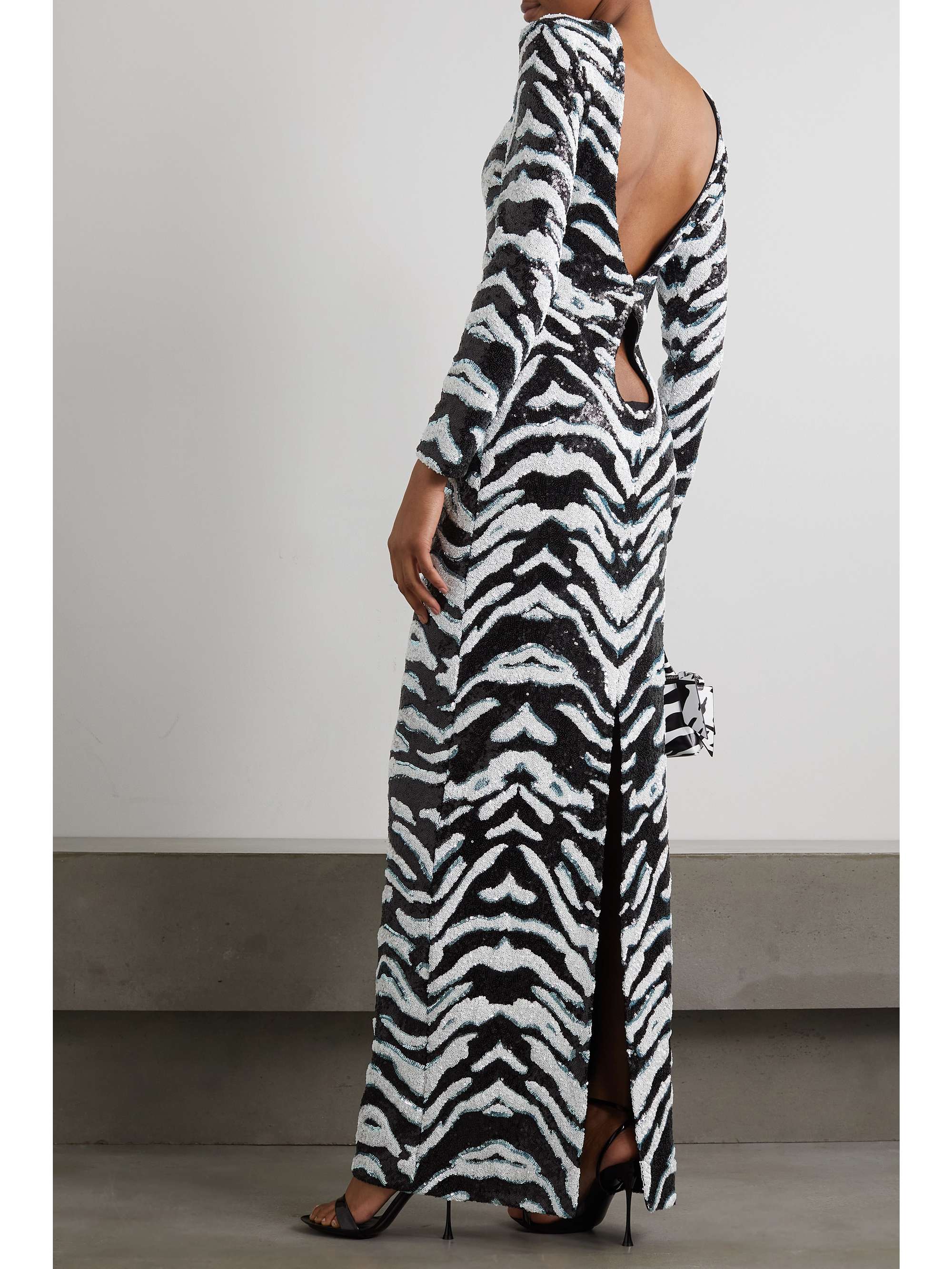 HALPERN Sequined zebra-print tulle maxi dress