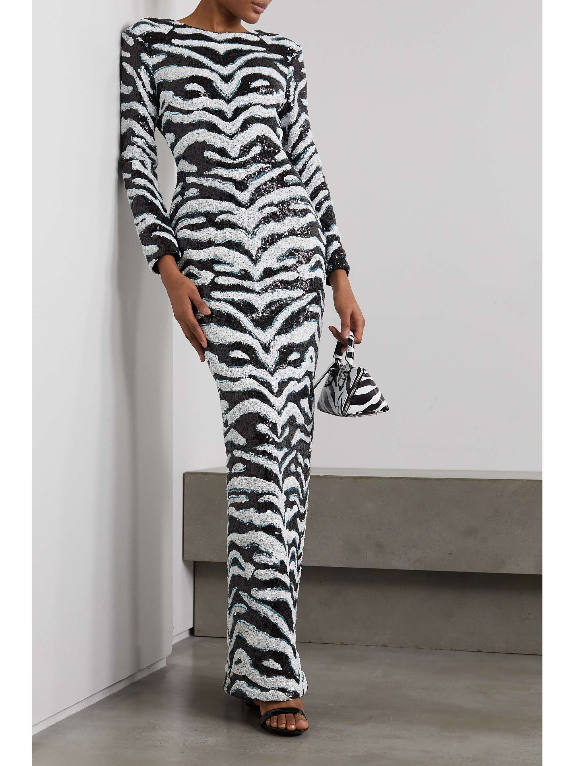 HALPERN Sequined zebra-print tulle maxi dress