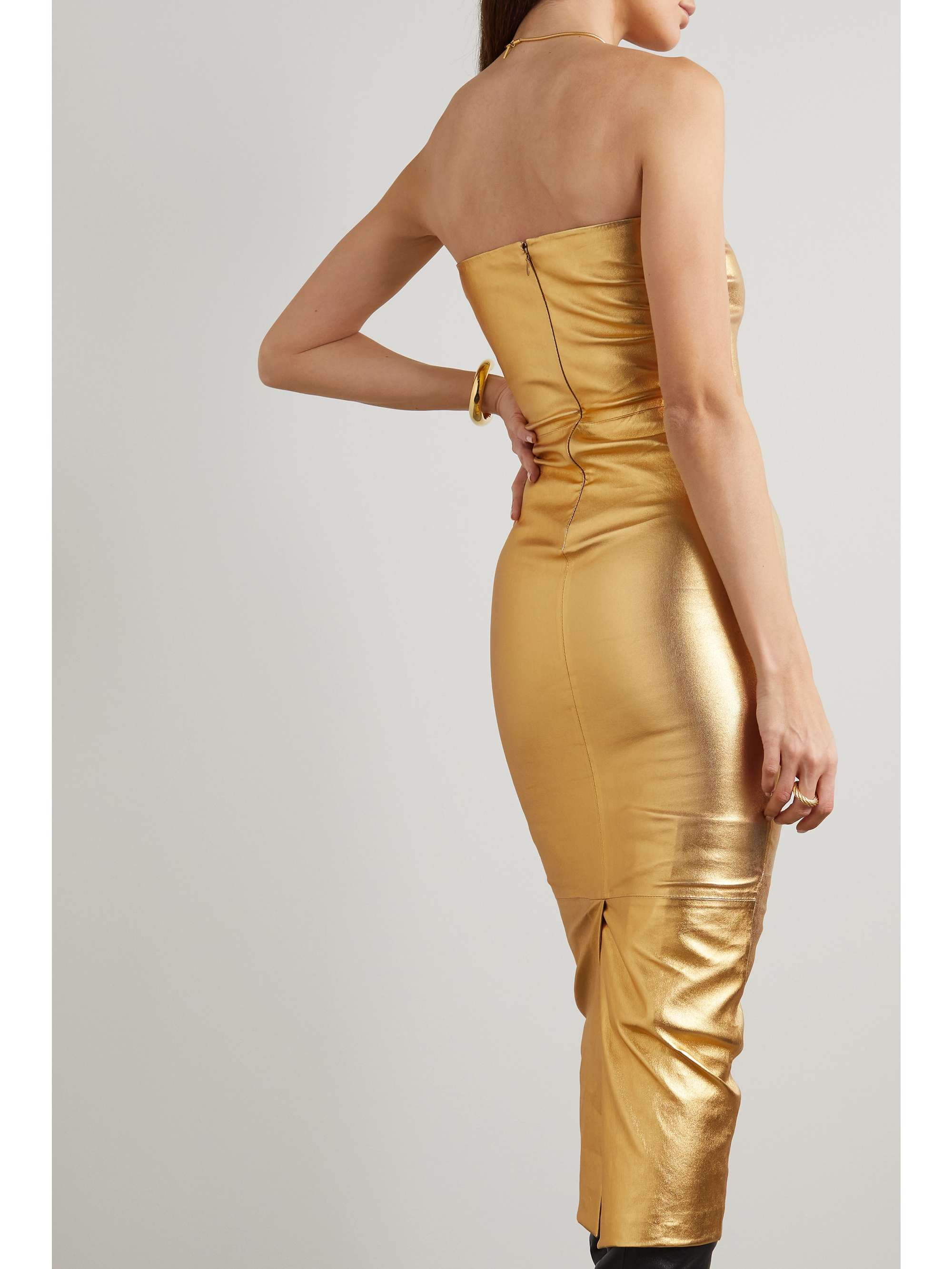 SPRWMN Strapless paneled metallic stretch-leather midi dress