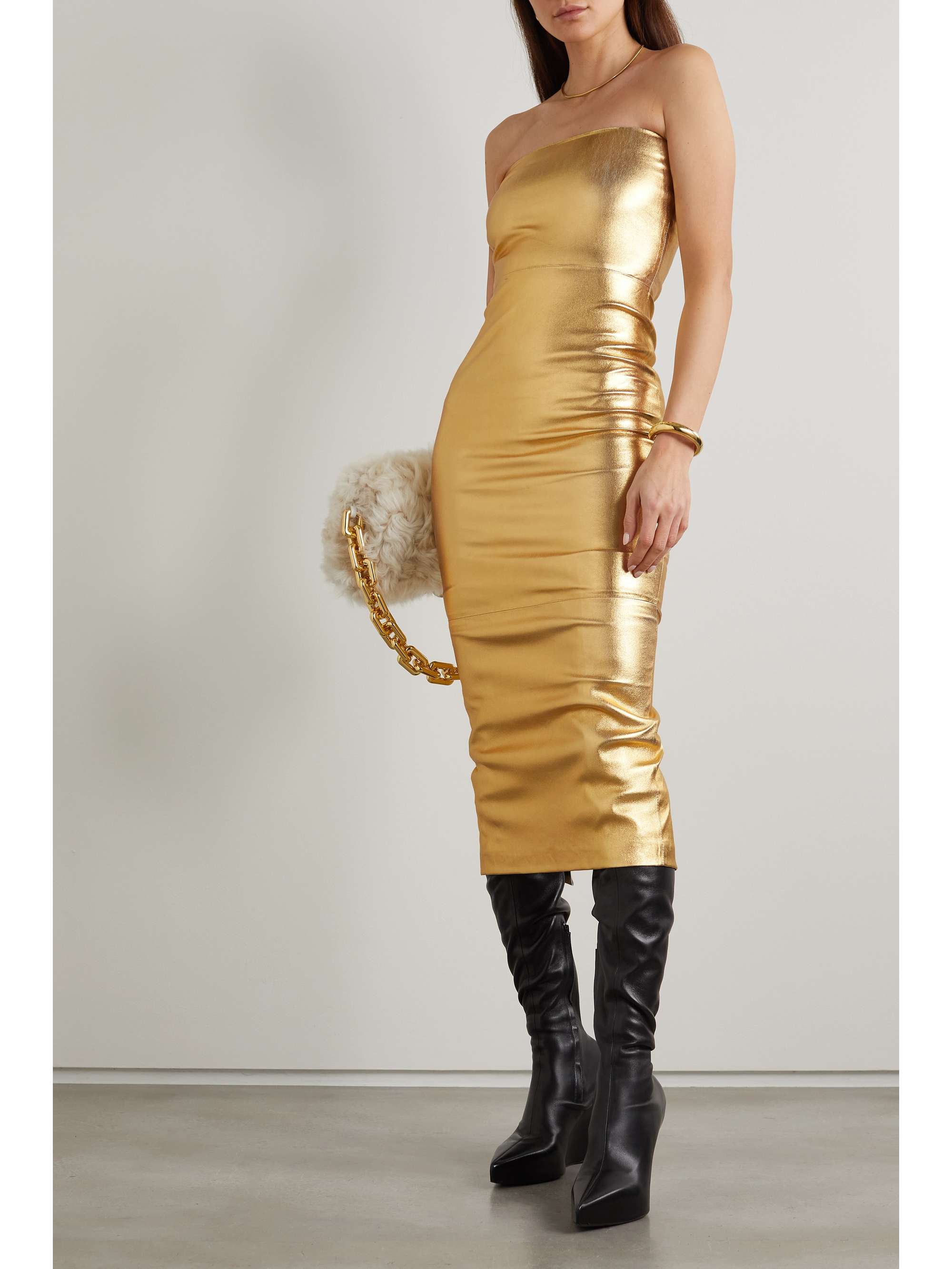 SPRWMN Strapless paneled metallic stretch-leather midi dress