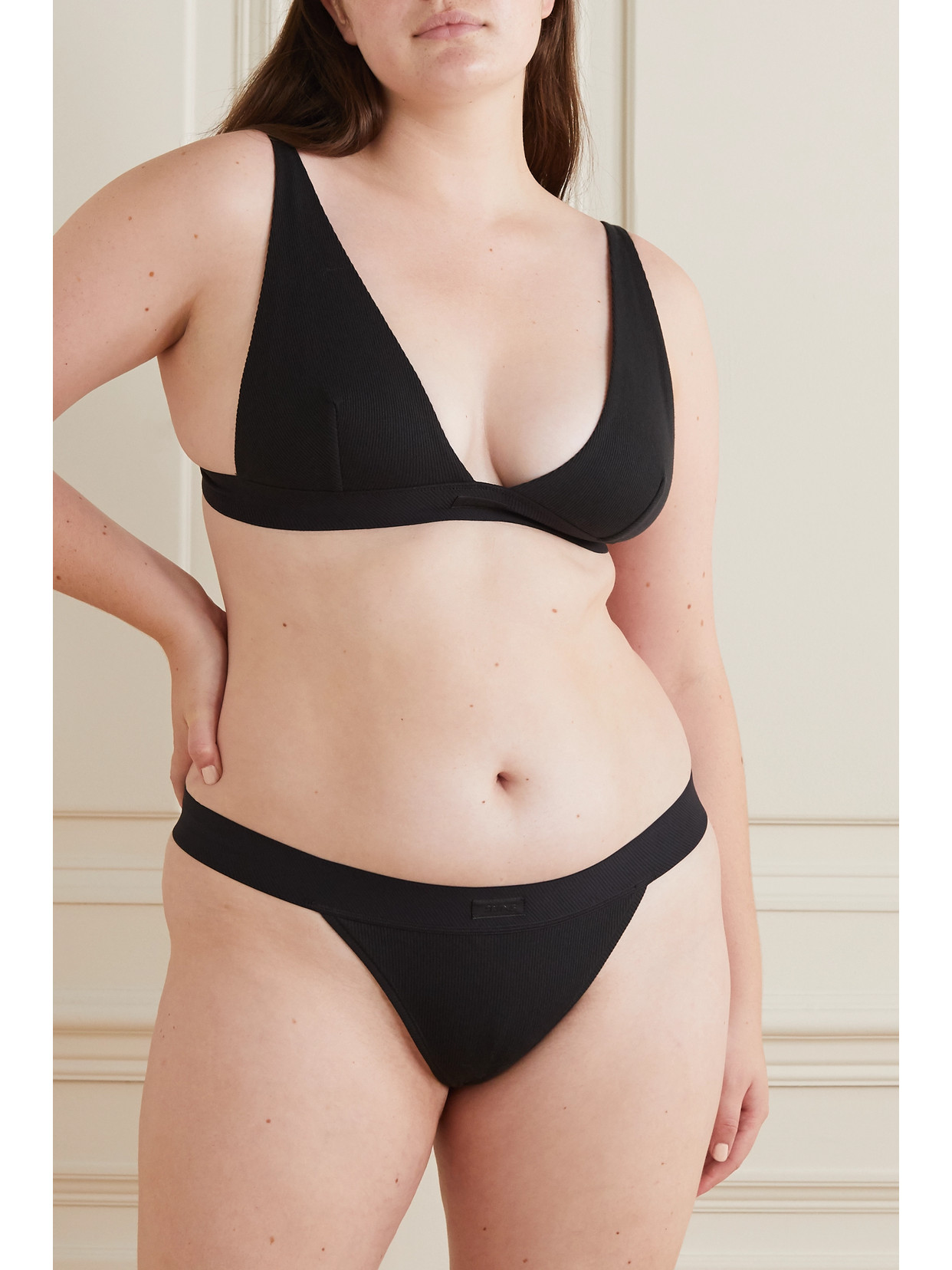 Skims Plunge Ribbed Cotton-blend Jersey Bralette In Black
