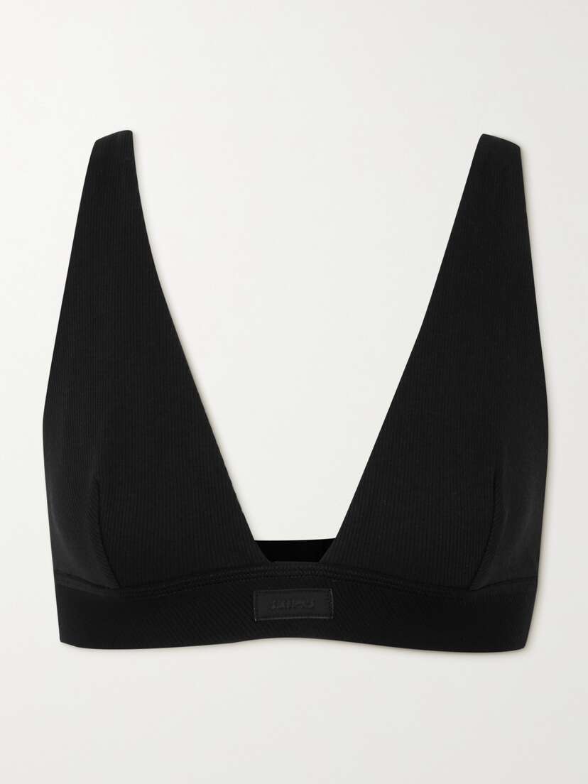 Skims Plunge Ribbed Cotton-blend Jersey Bralette - Soot