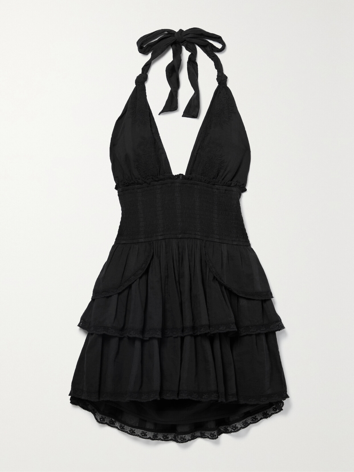 Loveshackfancy Deanna Shirred Ruffled Cotton Halterneck Mini Dress In Black