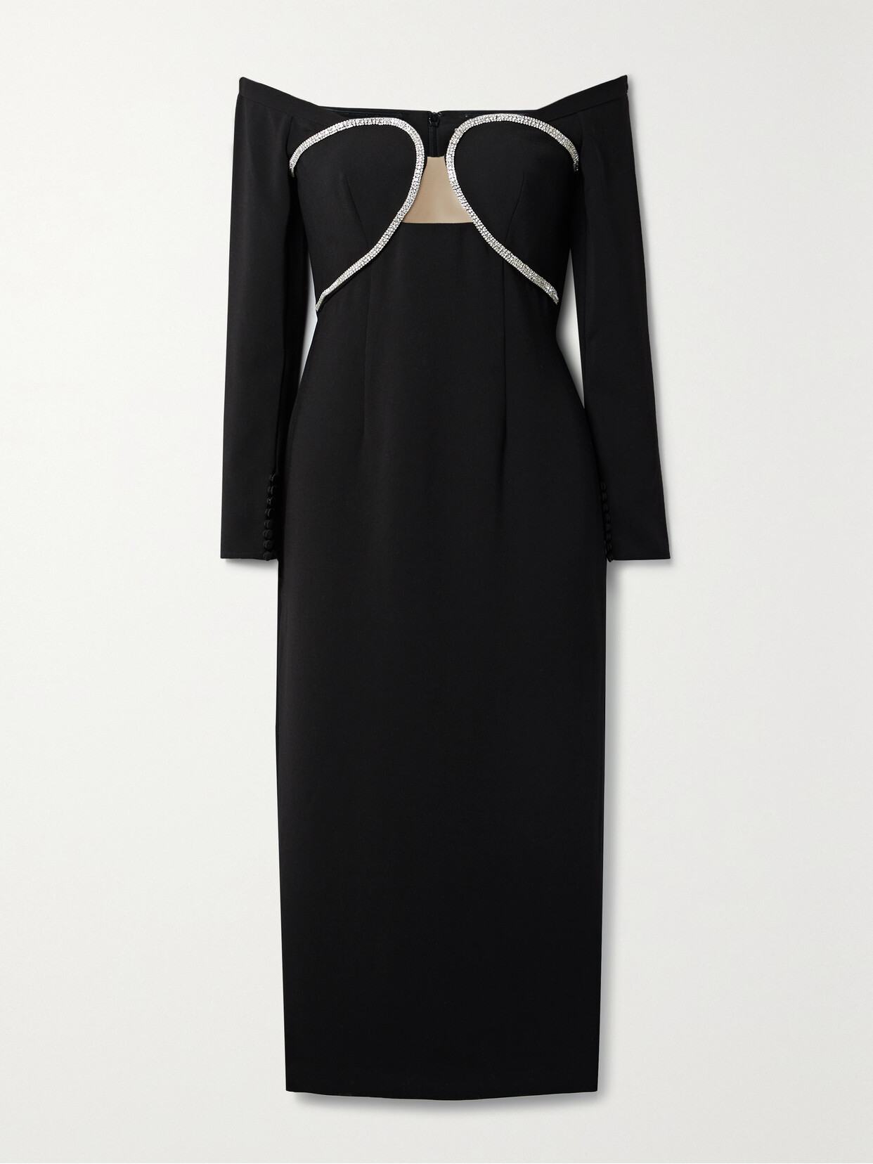 Self-Portrait - Off-the-shoulder Crystal-embellished Tulle-trimmed Crepe Midi Dress - Black