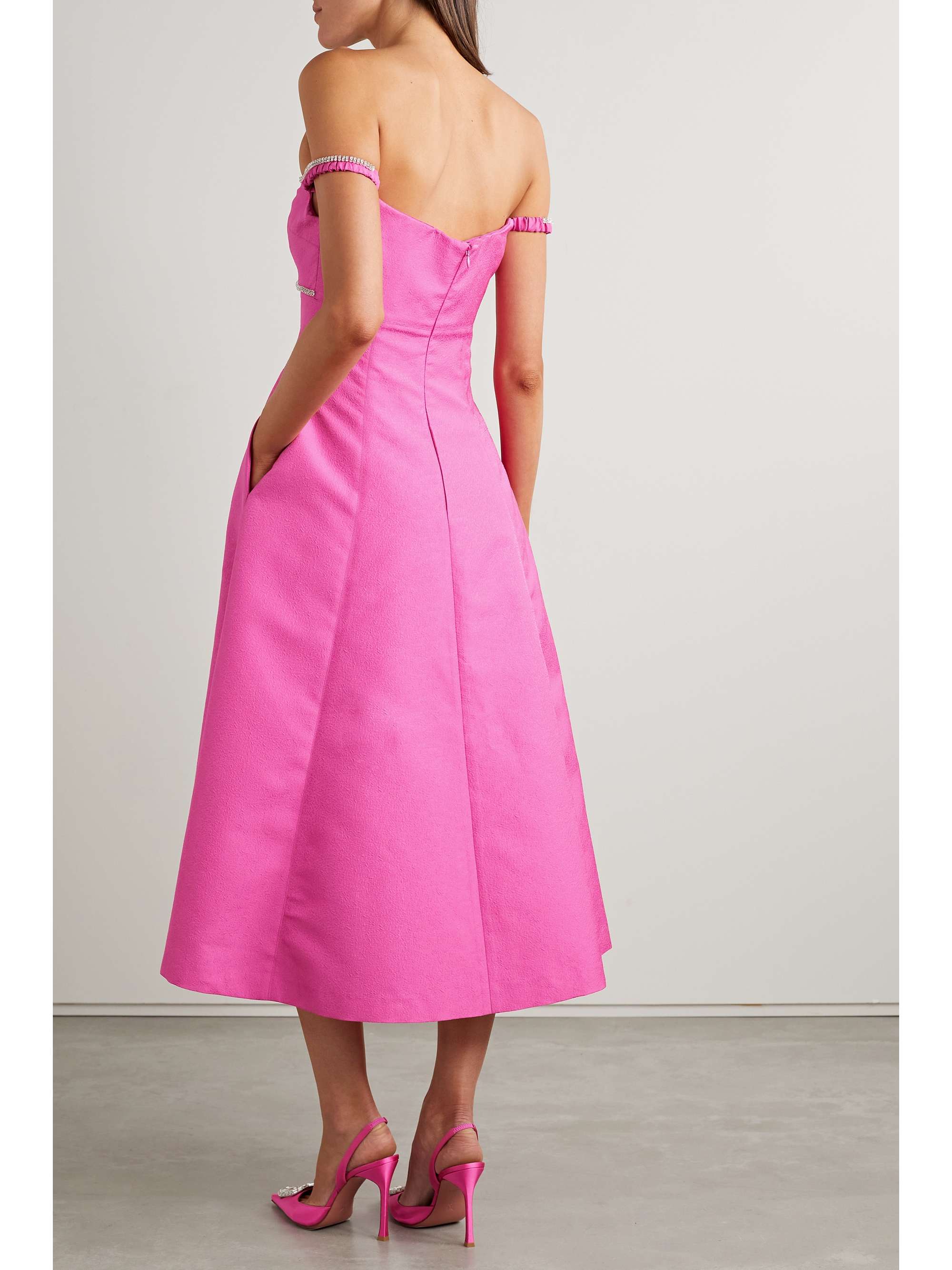 SELF-PORTRAIT Off-the-shoulder crystal-embellished brocade midi dress
