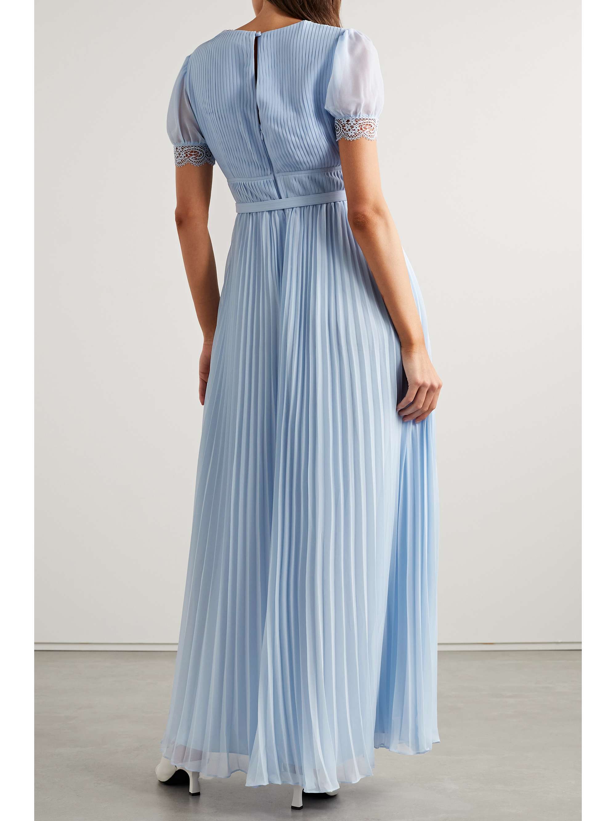 SELF-PORTRAIT Belted pleated guipure lace-trimmed chiffon maxi dress
