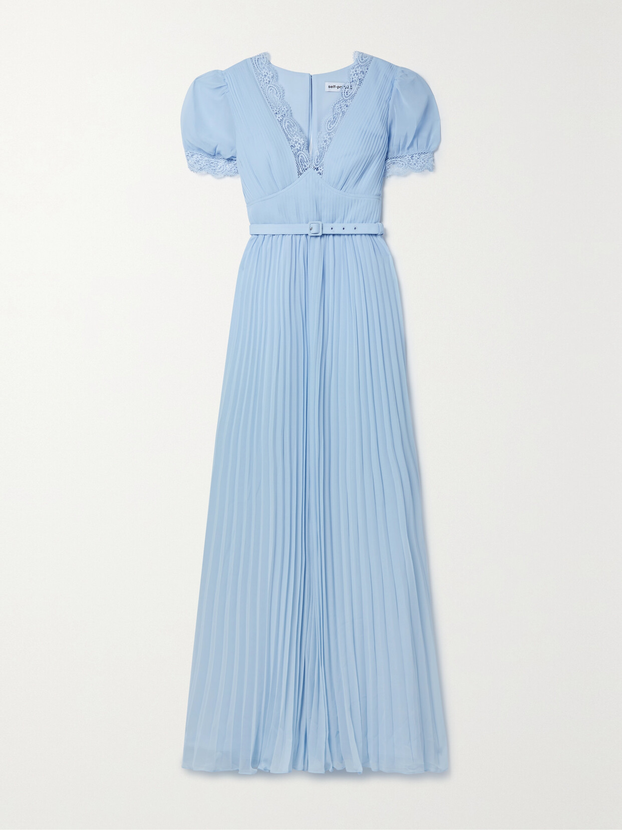 SELF-PORTRAIT BELTED PLEATED GUIPURE LACE-TRIMMED CHIFFON MAXI DRESS