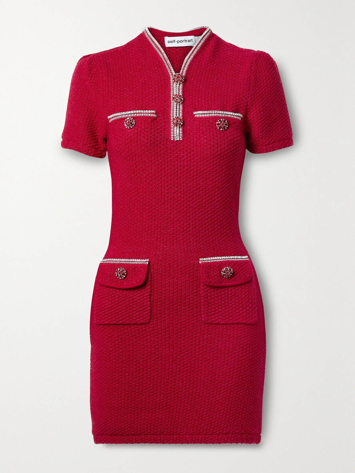 Self-Portrait - Crystal-embellished Wool And Cotton-blend Mini Dress - Red