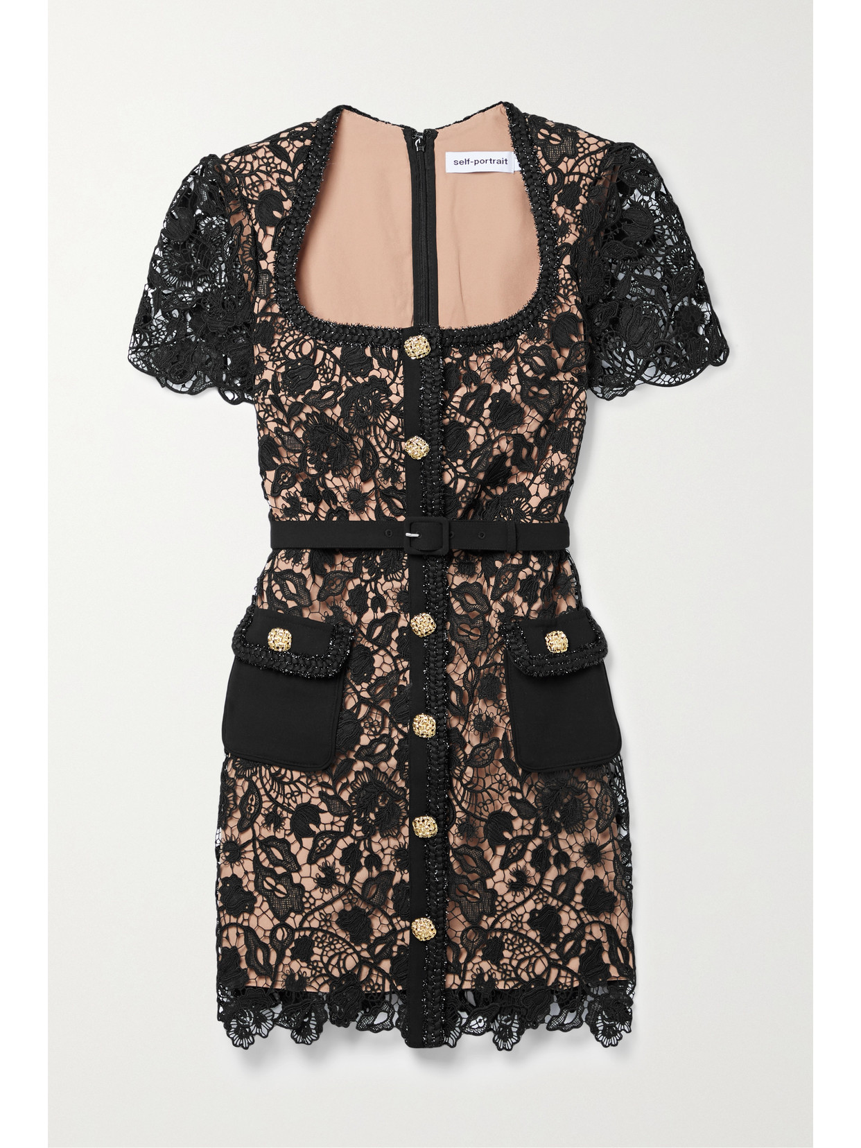 Self-Portrait - Embellished Belted Guipure Lace Mini Dress - Black