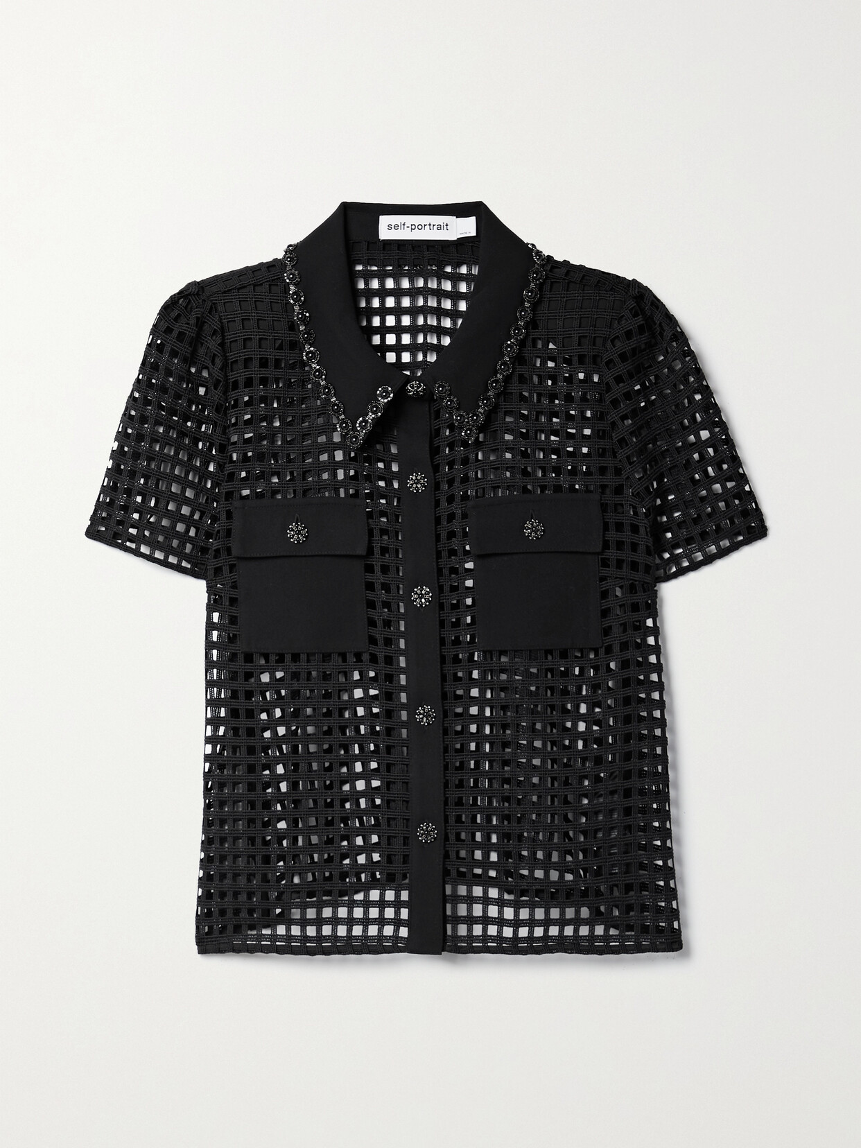 Self-Portrait - Embellished Crepe And Guipure Lace Shirt - Black