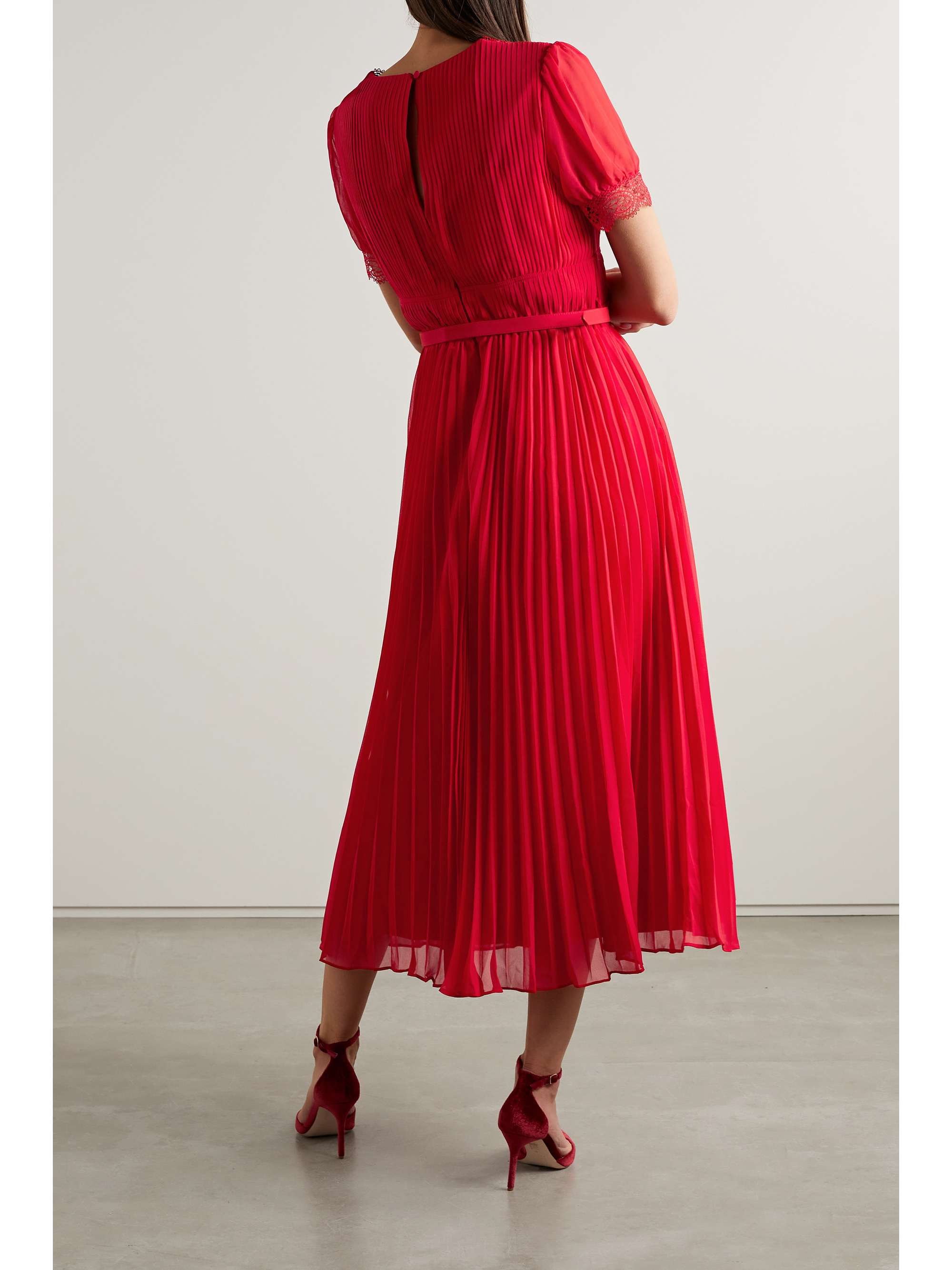 SELF-PORTRAIT Belted lace-trimmed pleated chiffon midi dress