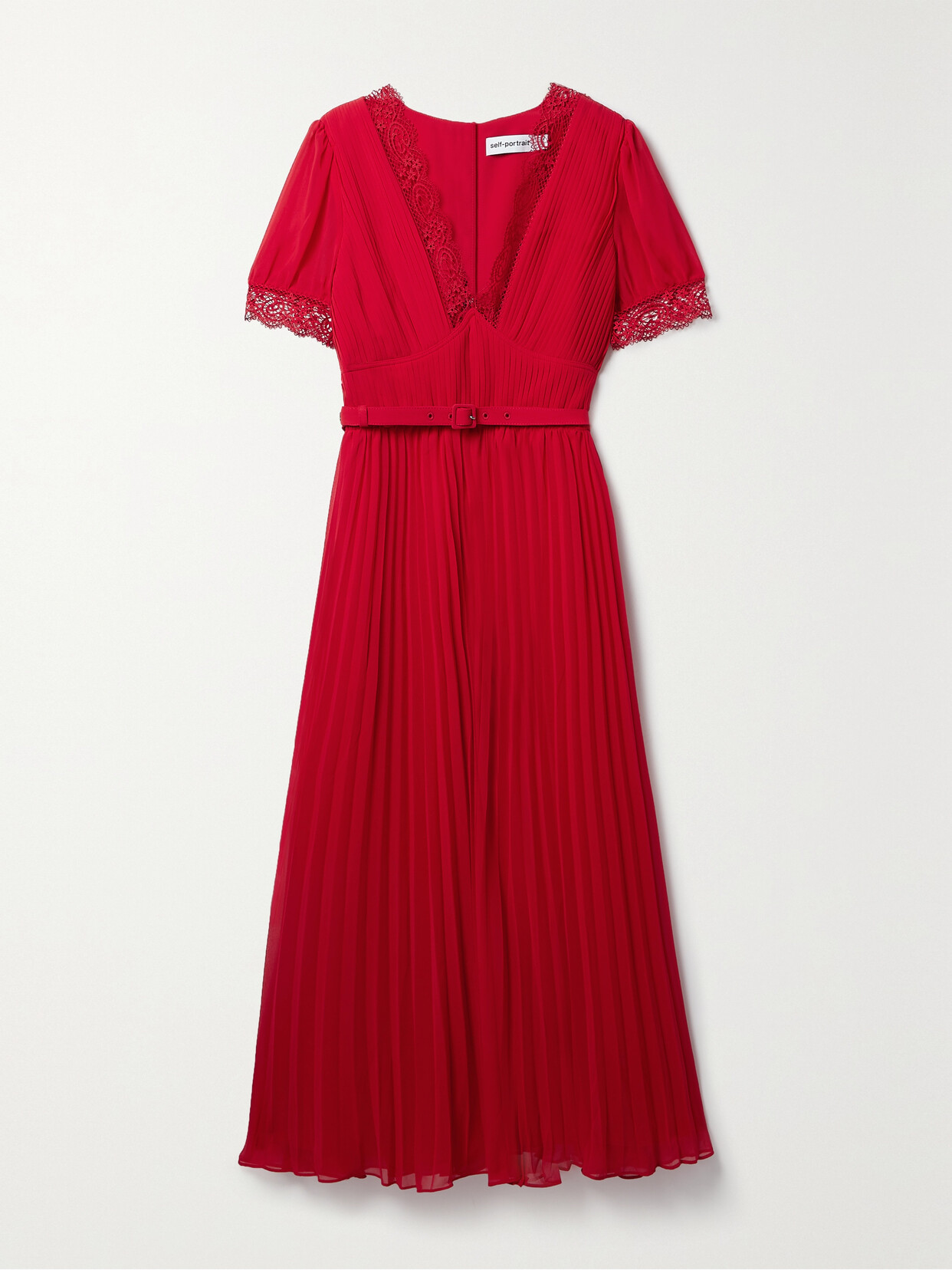 Self-Portrait - Belted Lace-trimmed Pleated Chiffon Midi Dress - Red