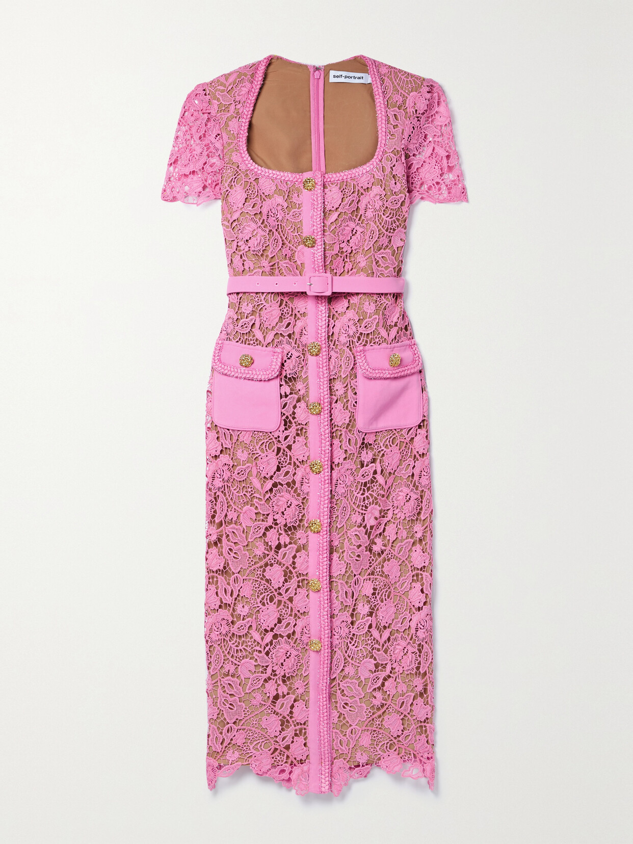 Self-Portrait - Button-embellished Belted Guipure Lace Midi Dress - Pink