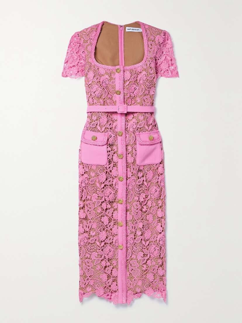 Self-Portrait Button-embellished Belted Guipure Lace Midi Dress - UK 14