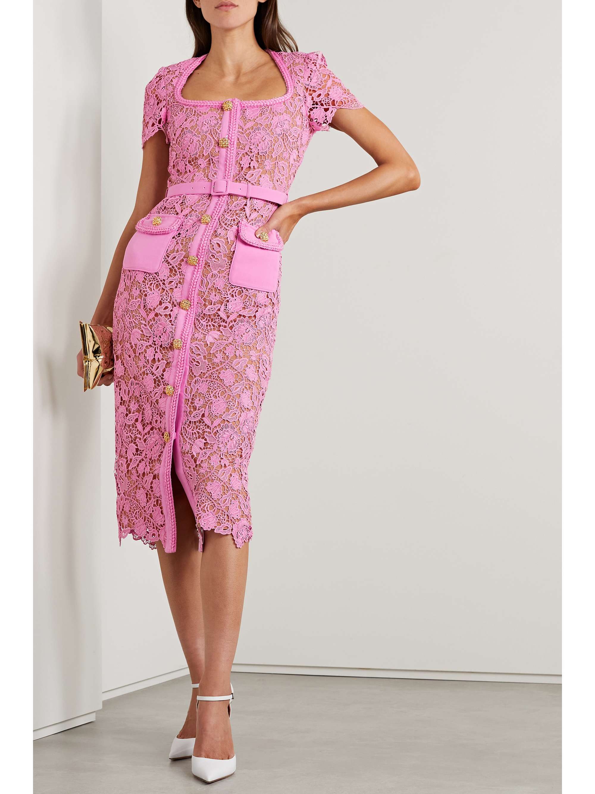 SELF PORTRAIT Button embellished belted guipure lace midi dress