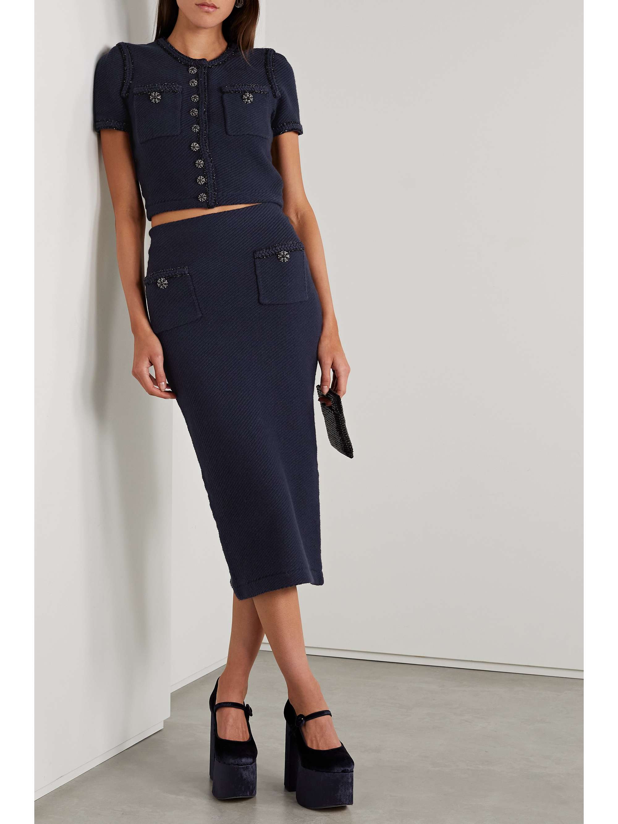 SELFPORTRAIT Embellished cotton and woolblend midi skirt NETAPORTER