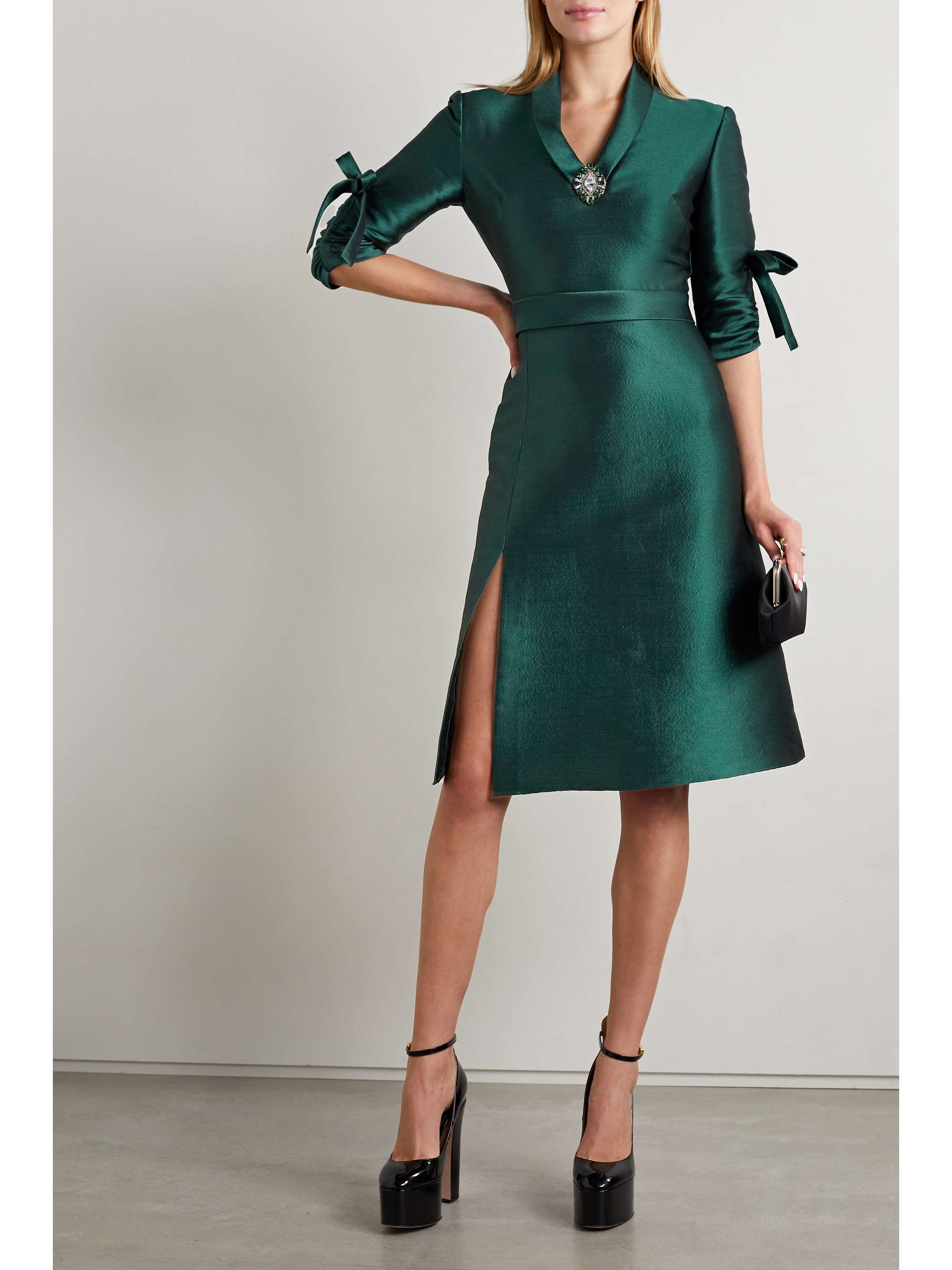REEM ACRA Crystal-embellished satin-piqué mini dress