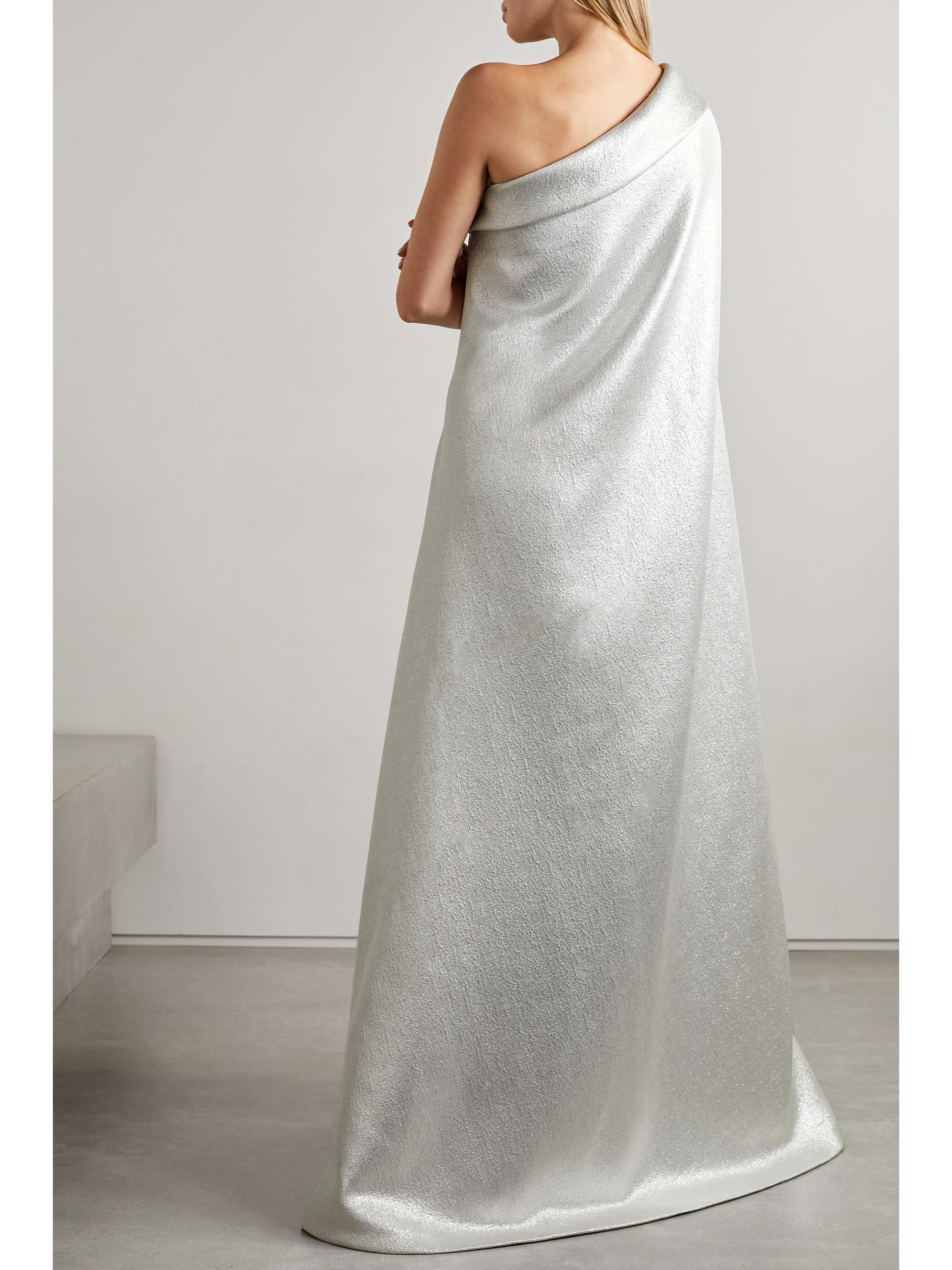 REEM ACRA One-shoulder cotton-blend lamé gown