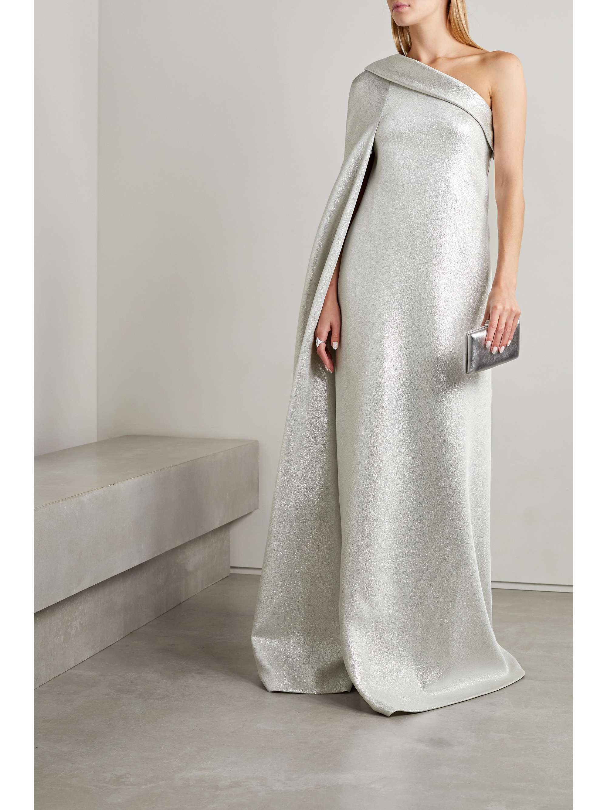 REEM ACRA One-shoulder cotton-blend lamé gown