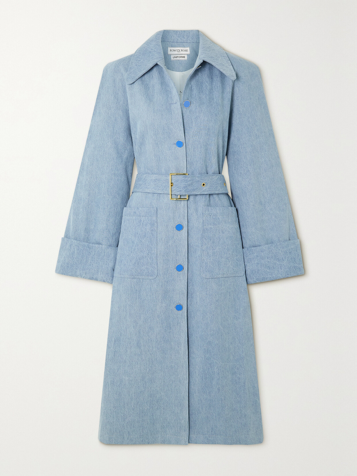 Rowen Rose Belted Denim Trench Coat In Blue