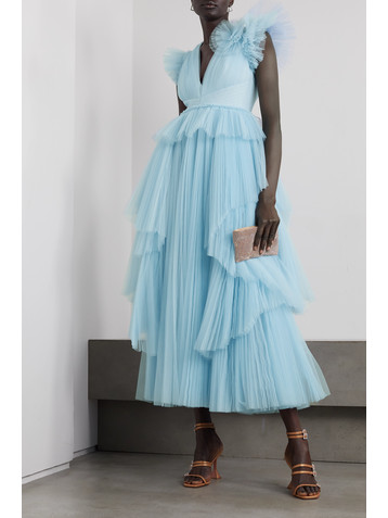 Huishan Zhang Pascale tiered ruffled pleated tulle gown
