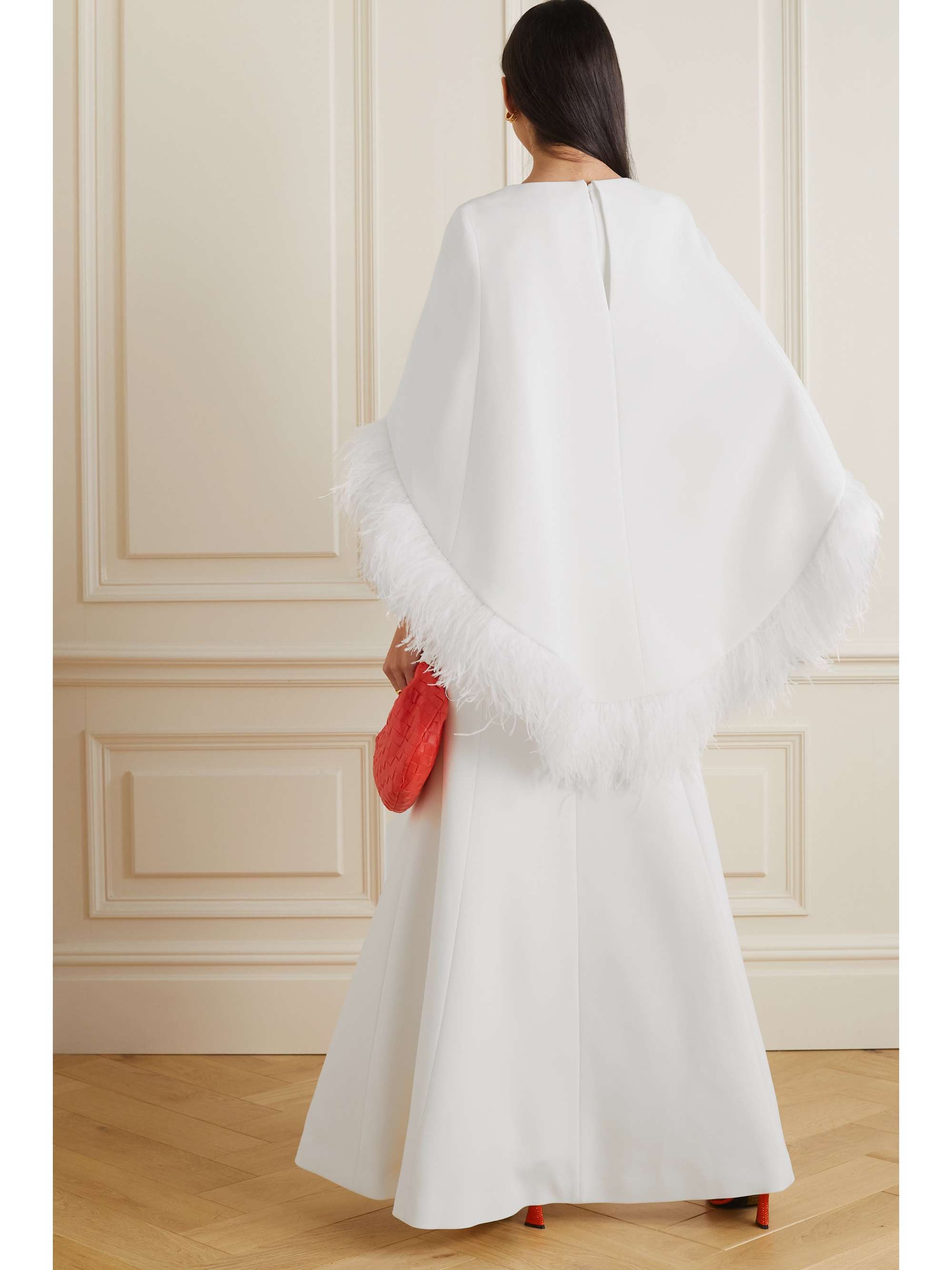 HUISHAN ZHANG Christelle cape-effect feather-trimmed crepe gown