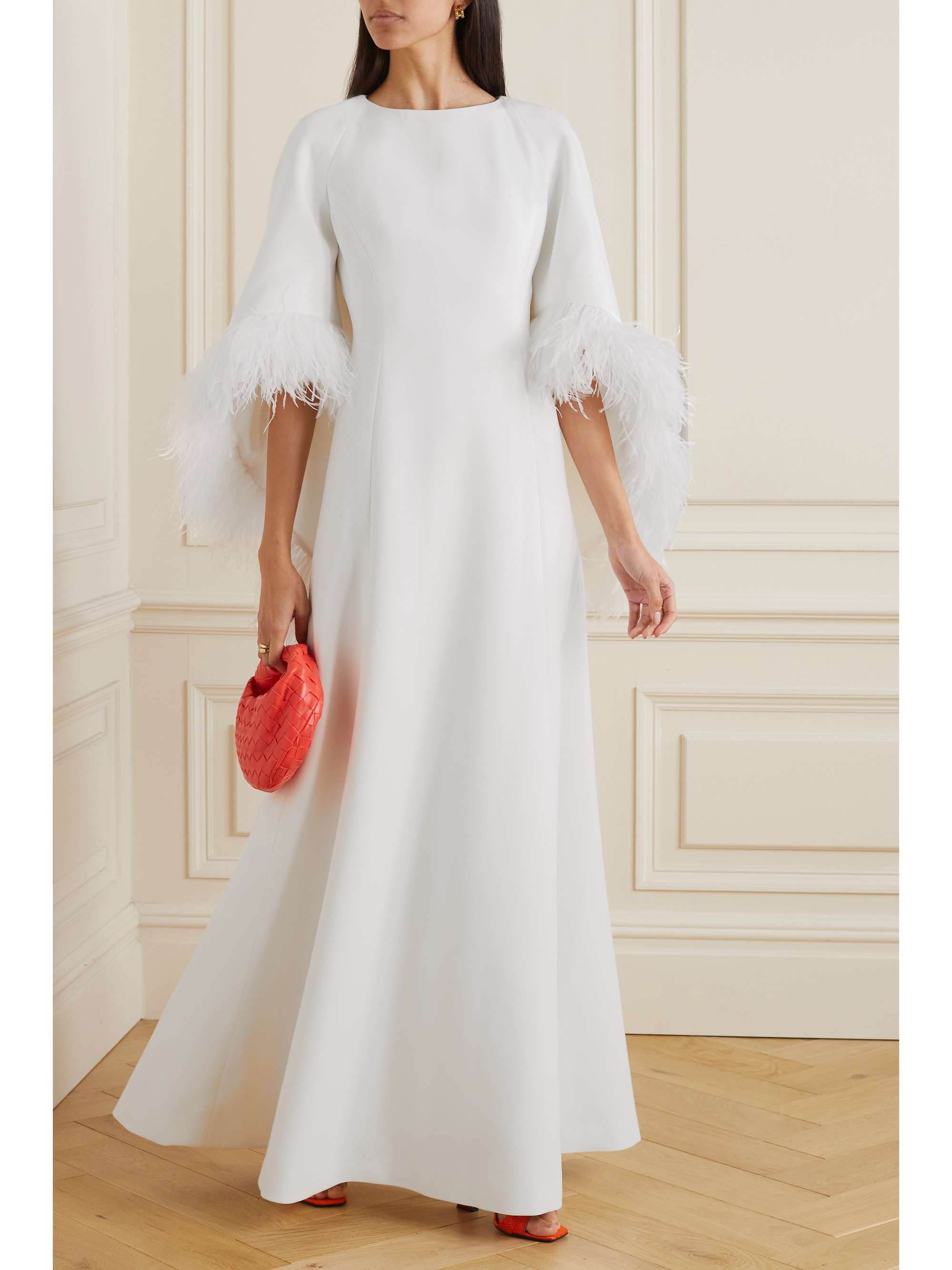 HUISHAN ZHANG Christelle cape-effect feather-trimmed crepe gown
