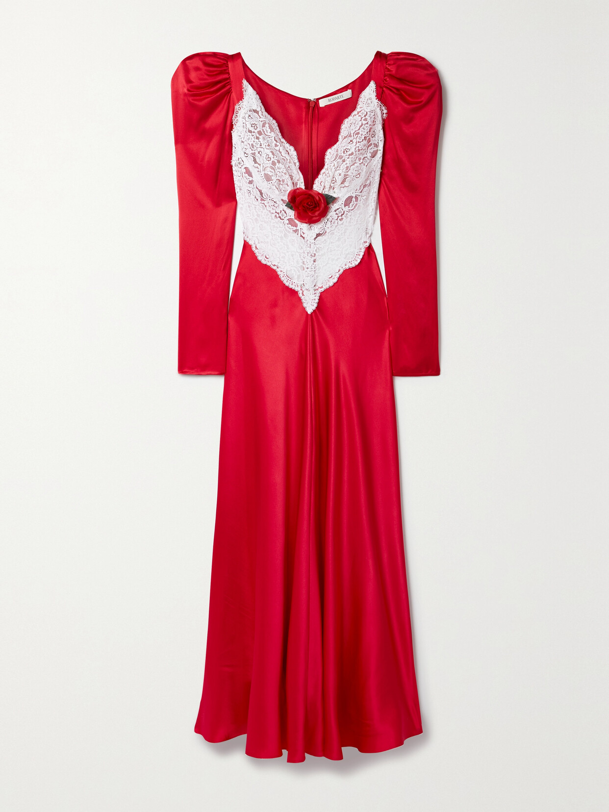 Rodarte - Embellished Lace-paneled Silk-satin Maxi Dress - Red