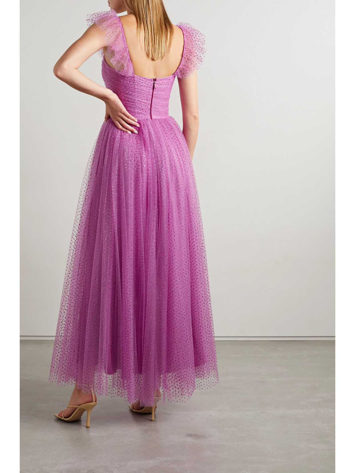 Monique Lhuillier Sleeveless Glitter Tulle Dress In Orchid