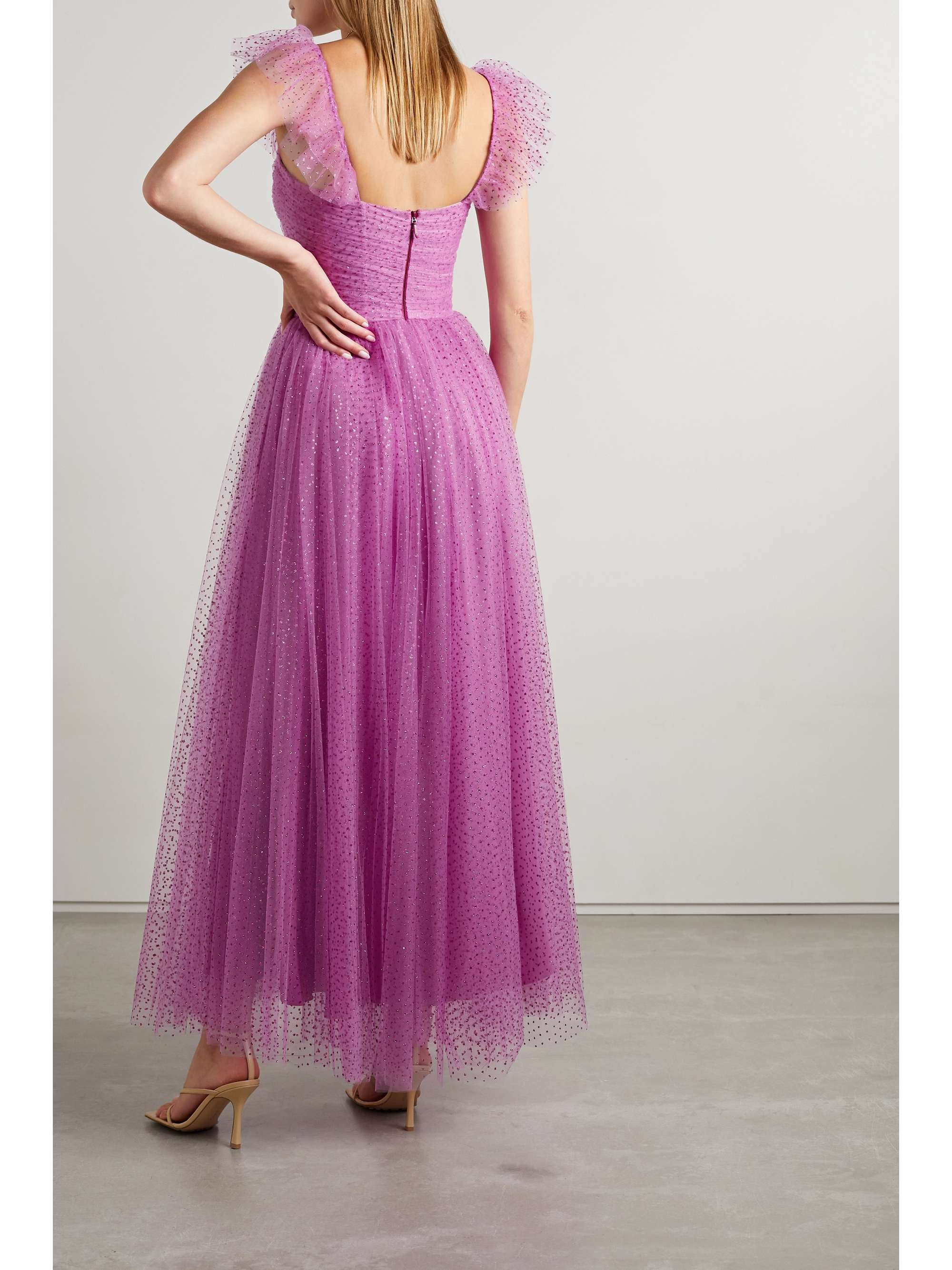 MONIQUE LHUILLIER Ruffled gathered glittered tulle gown