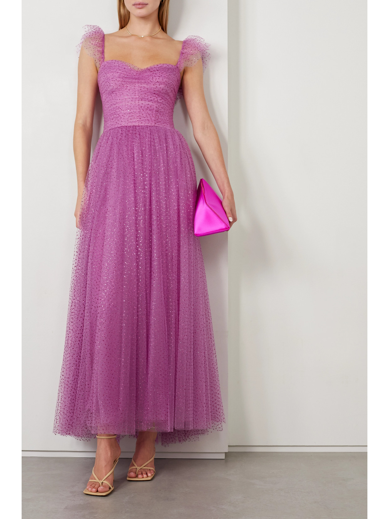 Monique Lhuillier Sleeveless Glitter Tulle Dress In Orchid