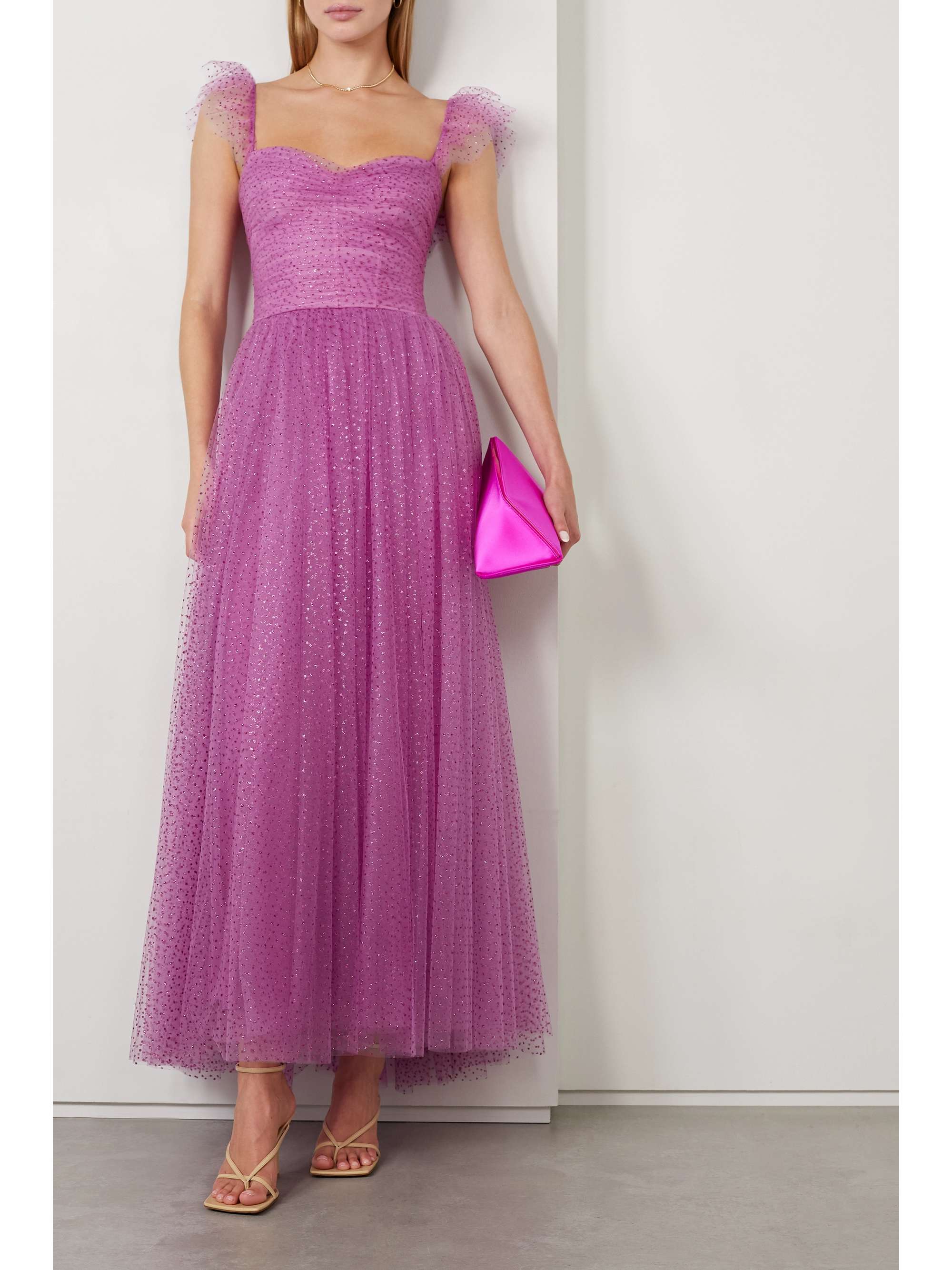 MONIQUE LHUILLIER Ruffled gathered glittered tulle gown | NET-A-PORTER