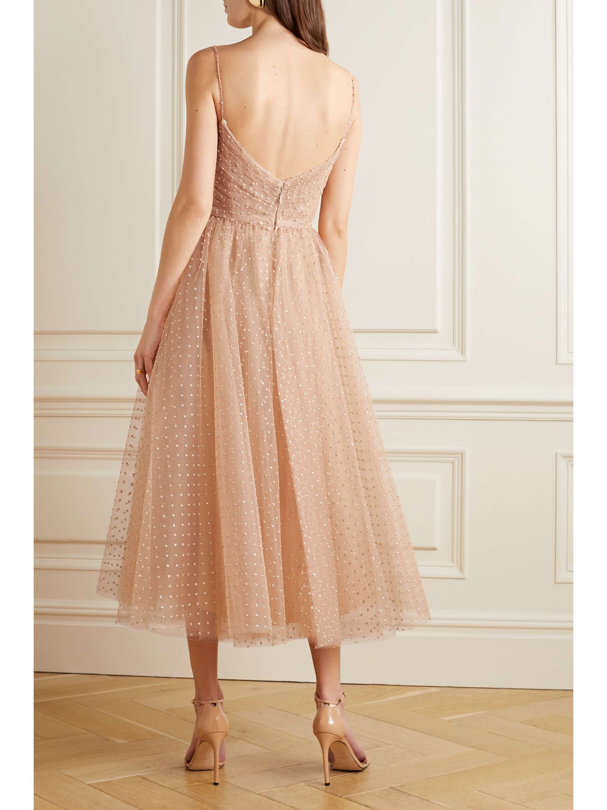 MONIQUE LHUILLIER Gathered glittered tulle midi dress