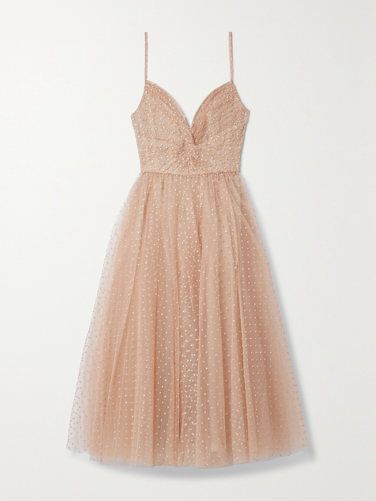 Monique Lhuillier - Gathered Glittered Tulle Midi Dress - Neutrals