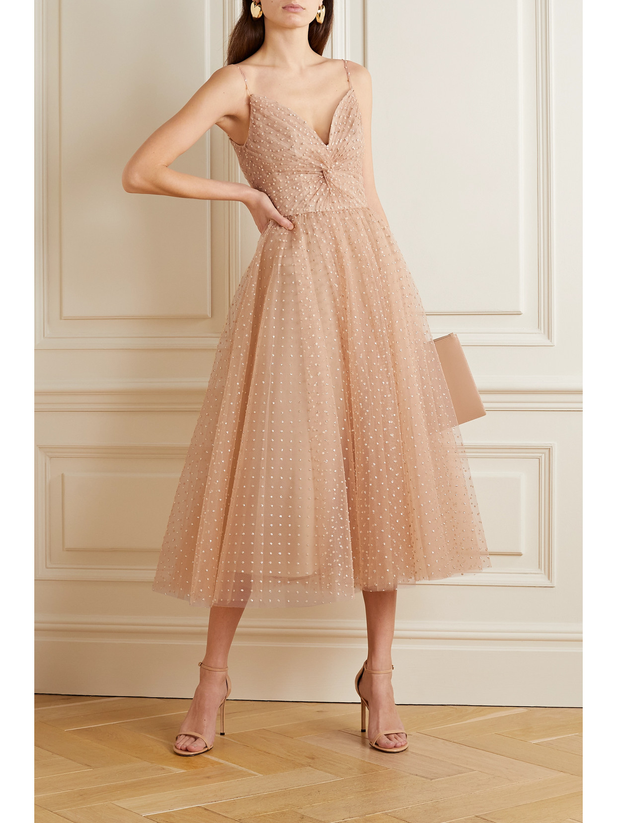 Monique Lhuillier Gathered Glittered Tulle Midi Dress In Neutrals