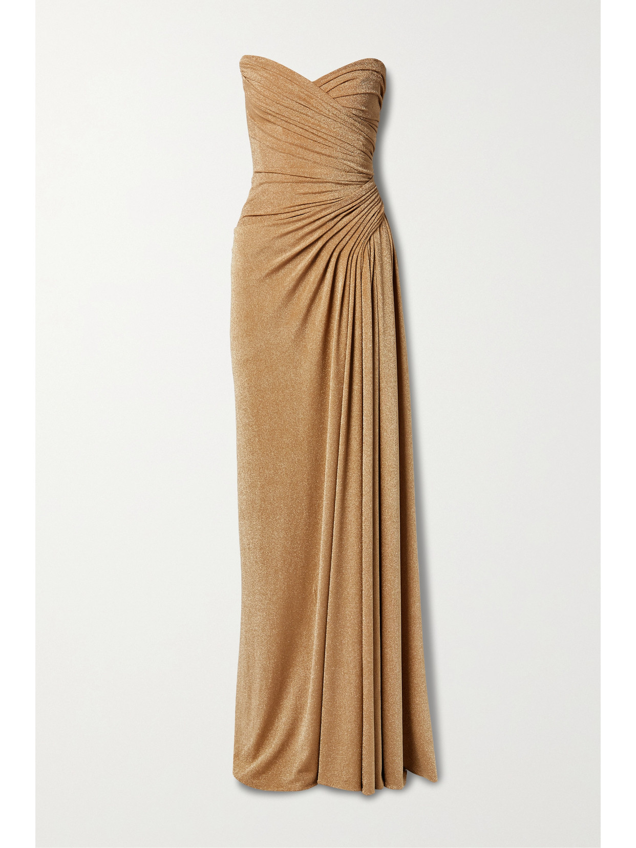 Monique Lhuillier Strapless Ruched Metallic Stretch-jersey Gown In Gold
