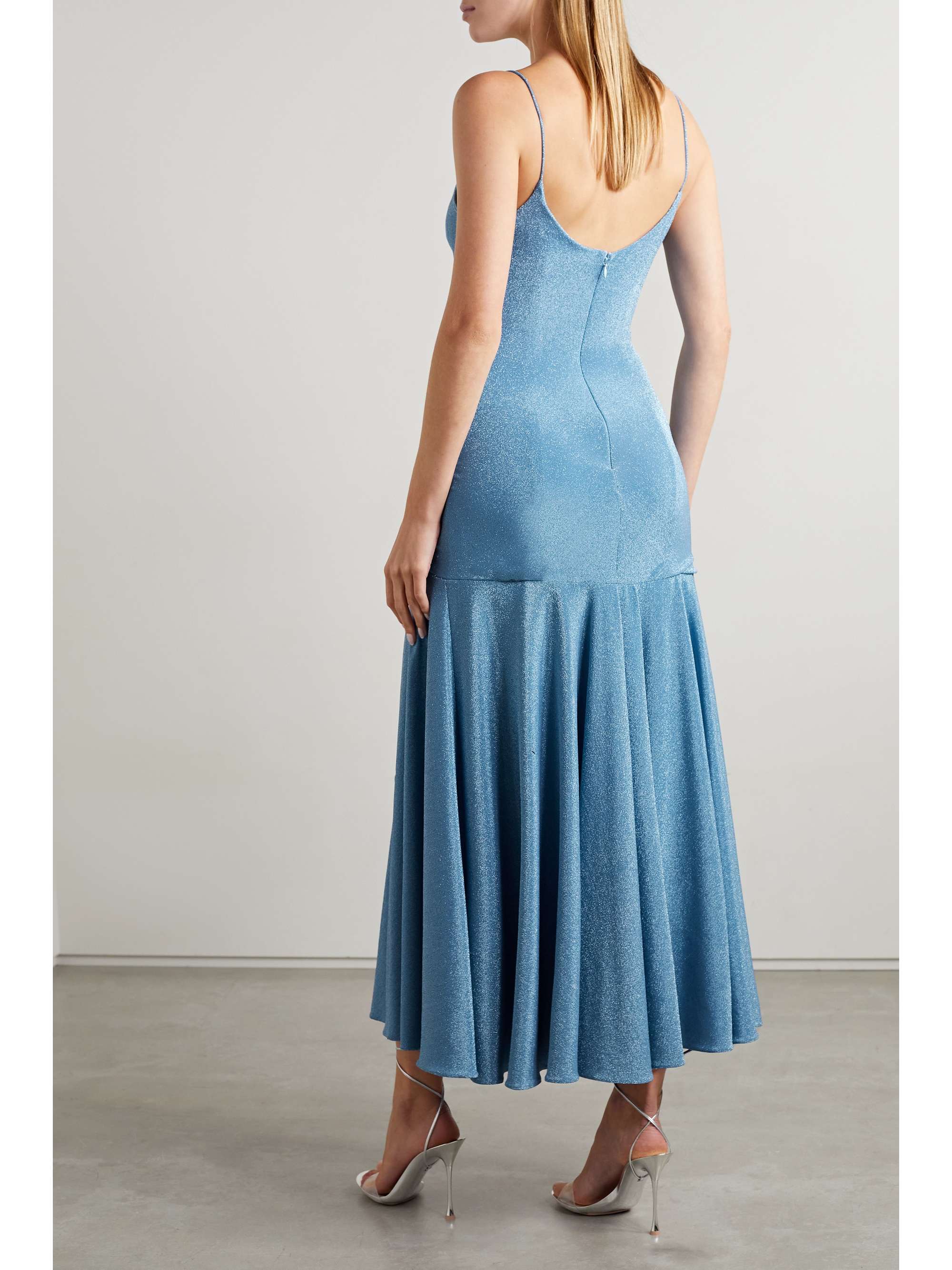 Blue Crystalembellished ruched metallic stretchjersey midi dress