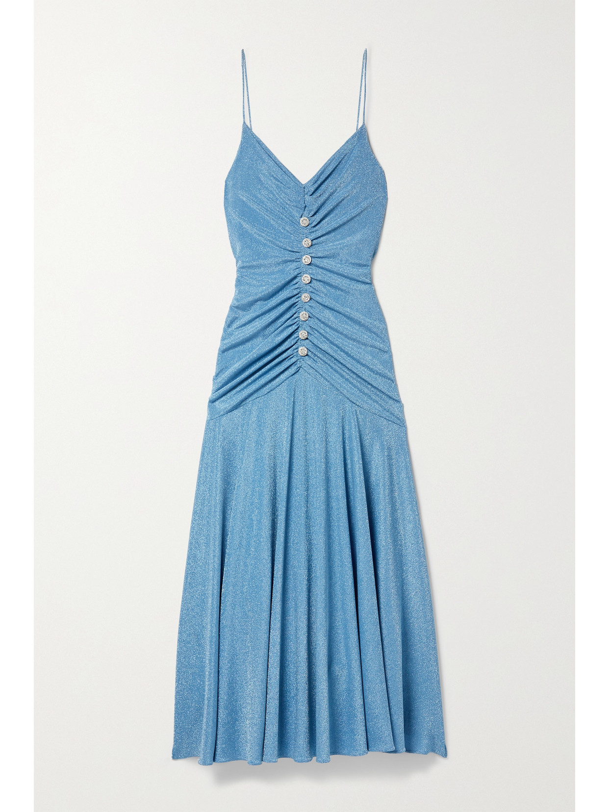 Monique Lhuillier Crystal-embellished Ruched Metallic Stretch-jersey Midi Dress In Blue