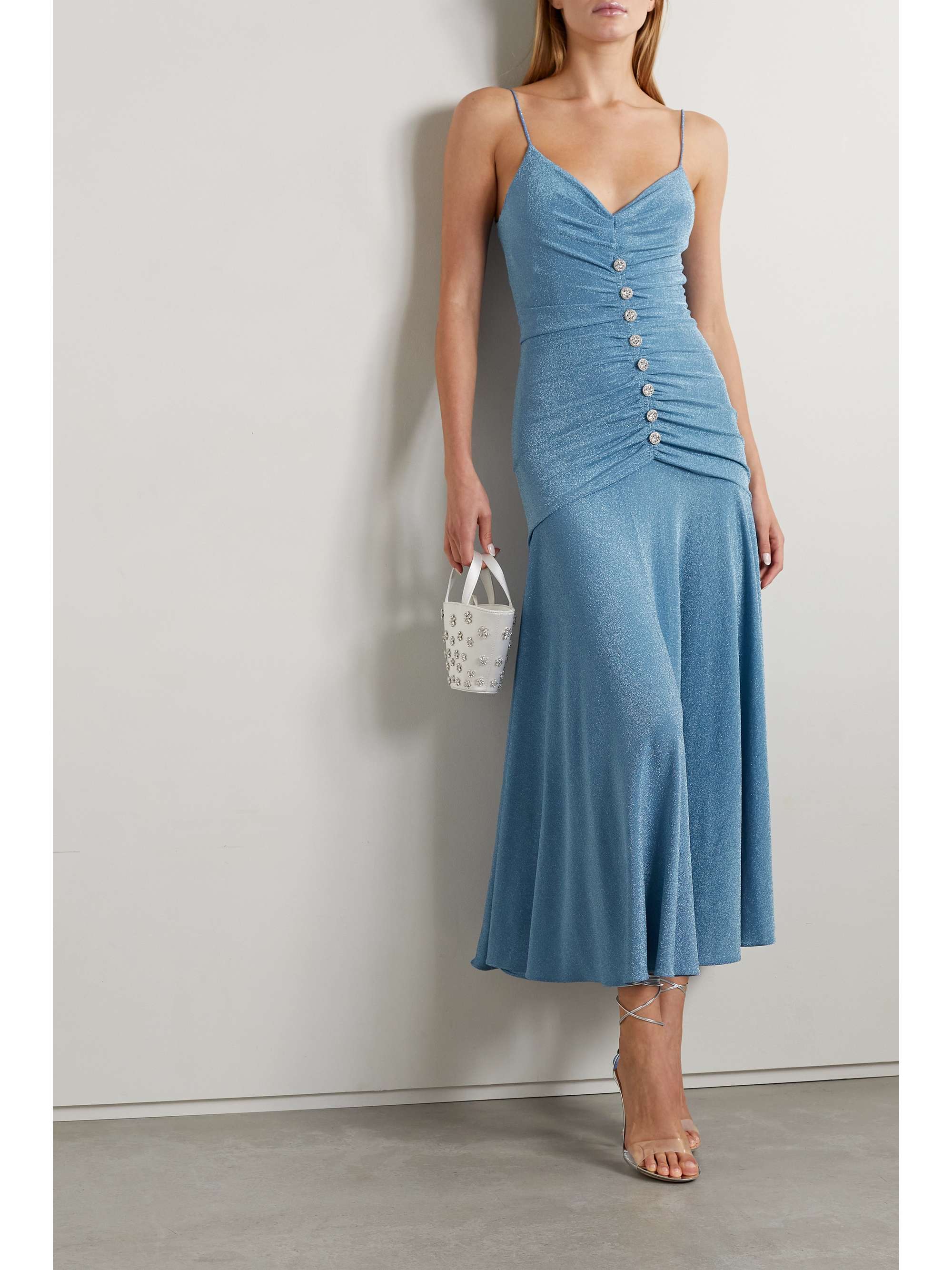 Blue Crystalembellished ruched metallic stretchjersey midi dress
