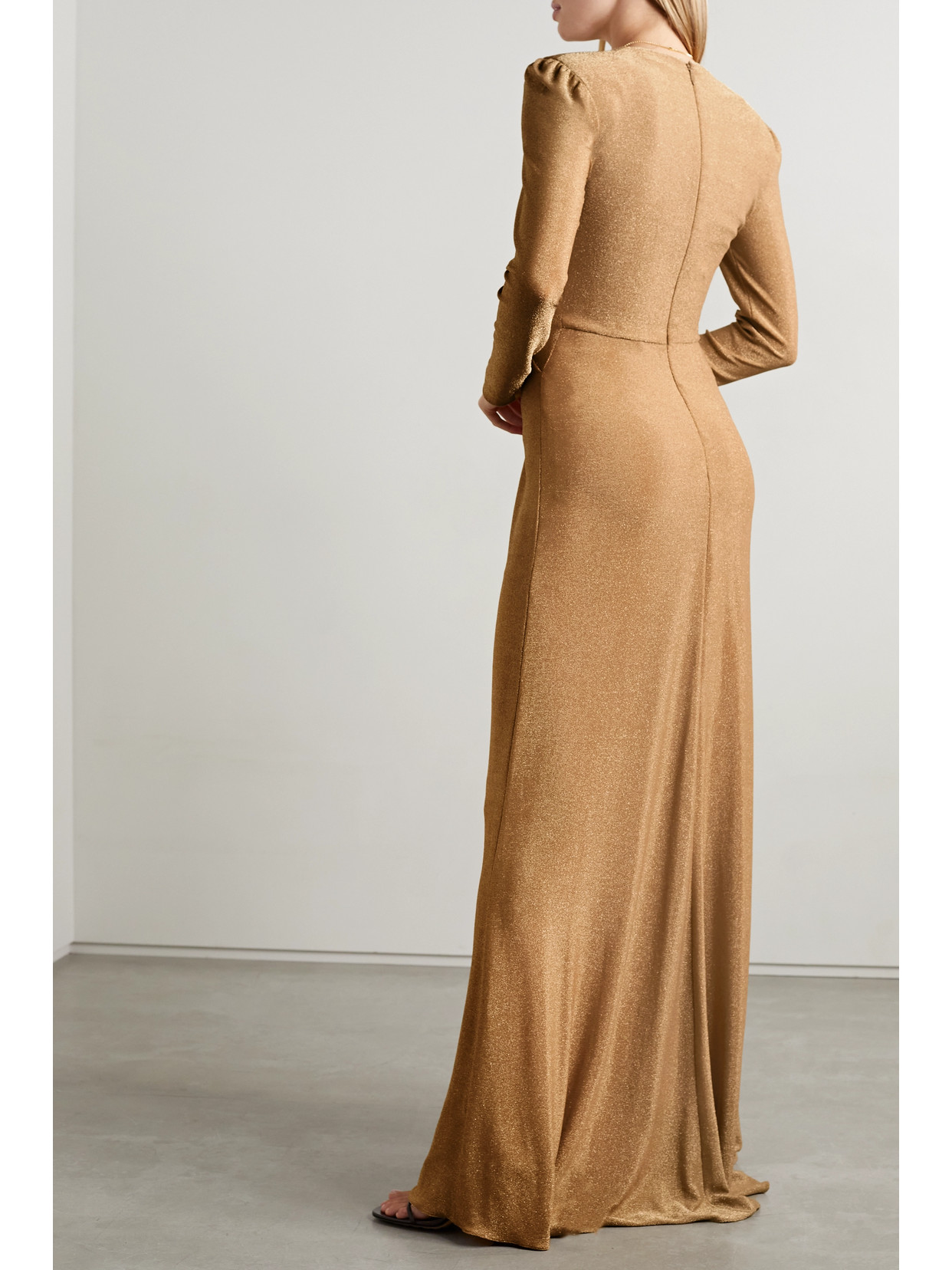 Monique Lhuillier Twist-front Metallic Stretch-jersey Gown In Antique Gold