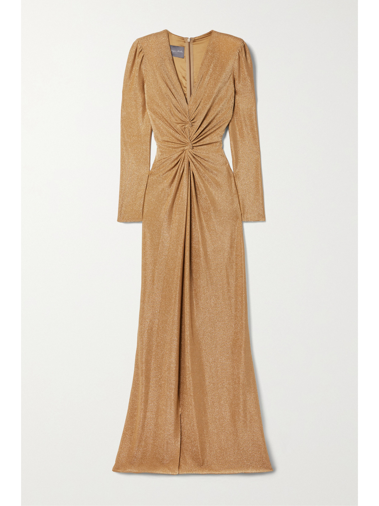 Monique Lhuillier Twist-front Metallic Stretch-jersey Gown In Antique Gold