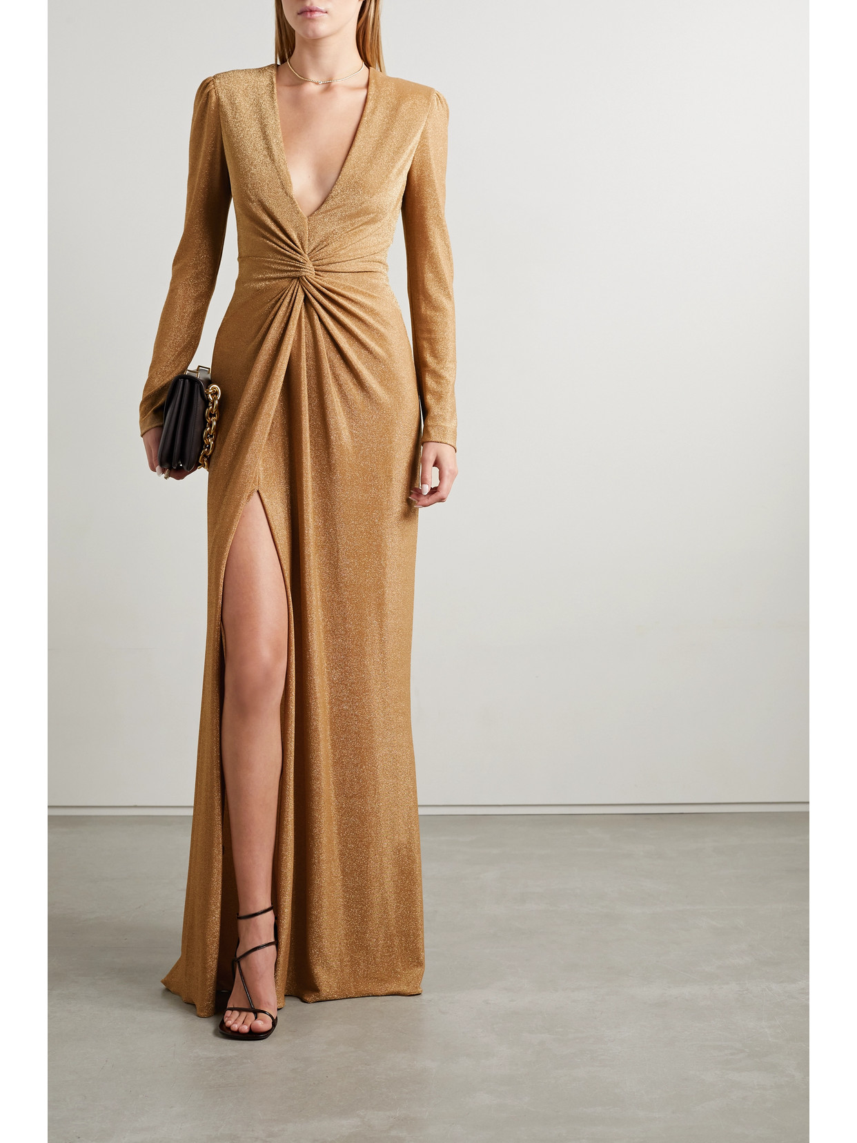 Monique Lhuillier Twist-front Metallic Stretch-jersey Gown In Antique Gold